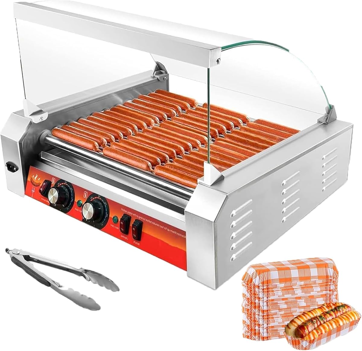 1670W 11-Roller Hot Dog Machine，Holds 30 Hot Dogs，Non-Stick & Stainless Steel，for Parties, Events & Food Stalls