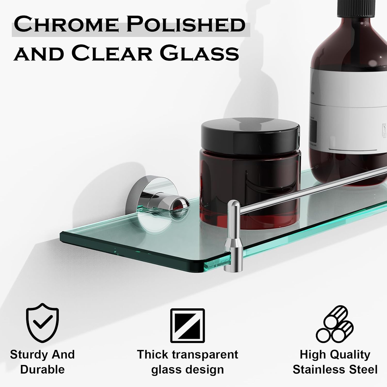 Glass Shelf for Bathroom 2 Pack,24-Inches Floating Glass Shelves Towel Bar/Track(Chrome Polished)