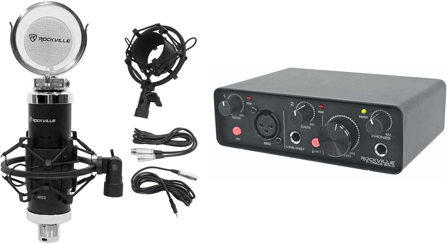 Rockville Bundle: Rockville R-TRACK SOLO Recording USB C Audio Interface 24Bit 192Khz+ASIO Drivers Bundle with Rockville RCM03 Pro Studio Recording Condenser Microphone Shock Mount (2 Items)