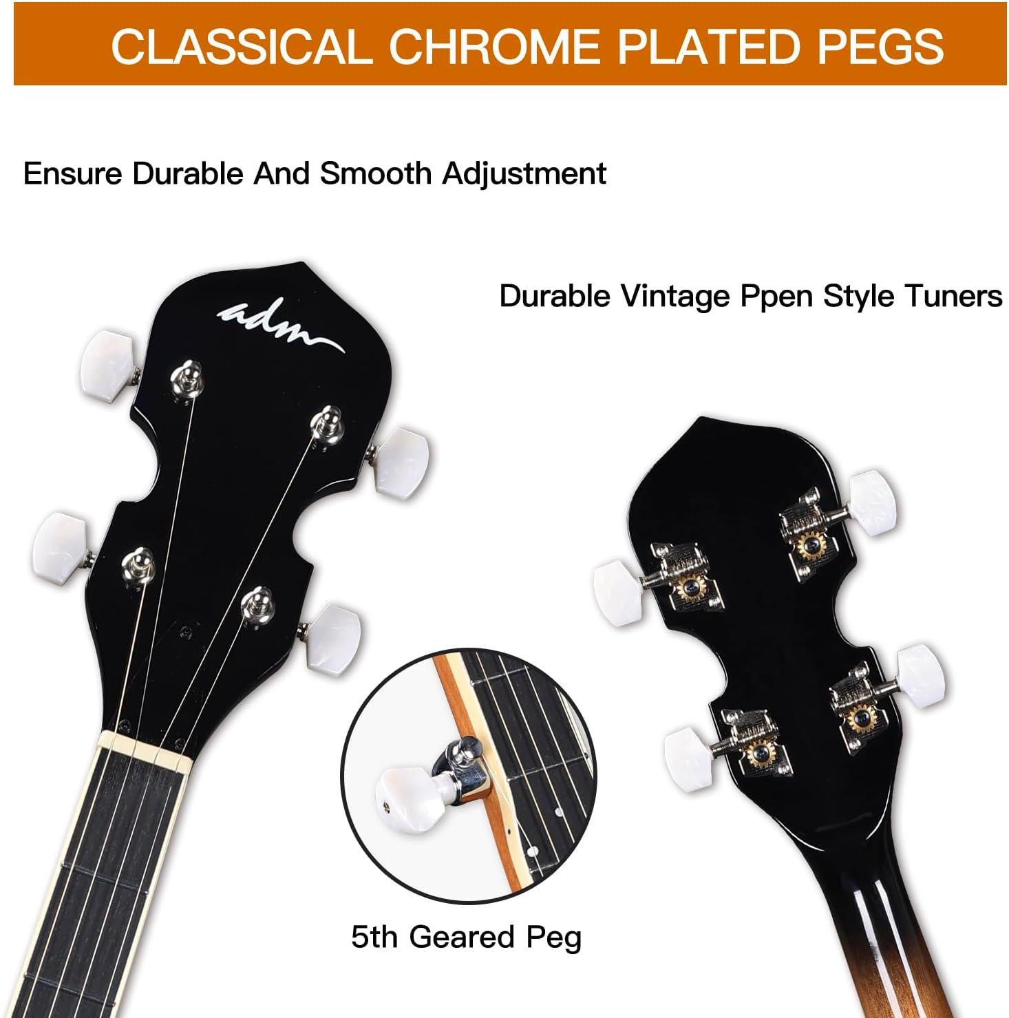 ADM Banjo 5 String Full Size Acoustic Electric Banjoes Set Remo Drum, Geared 5th Pegs Beginner Banjo Kit w/EQ Resonator Open or Closed Back, Starter Package Accessories Online Lessons for Adult,Brown
