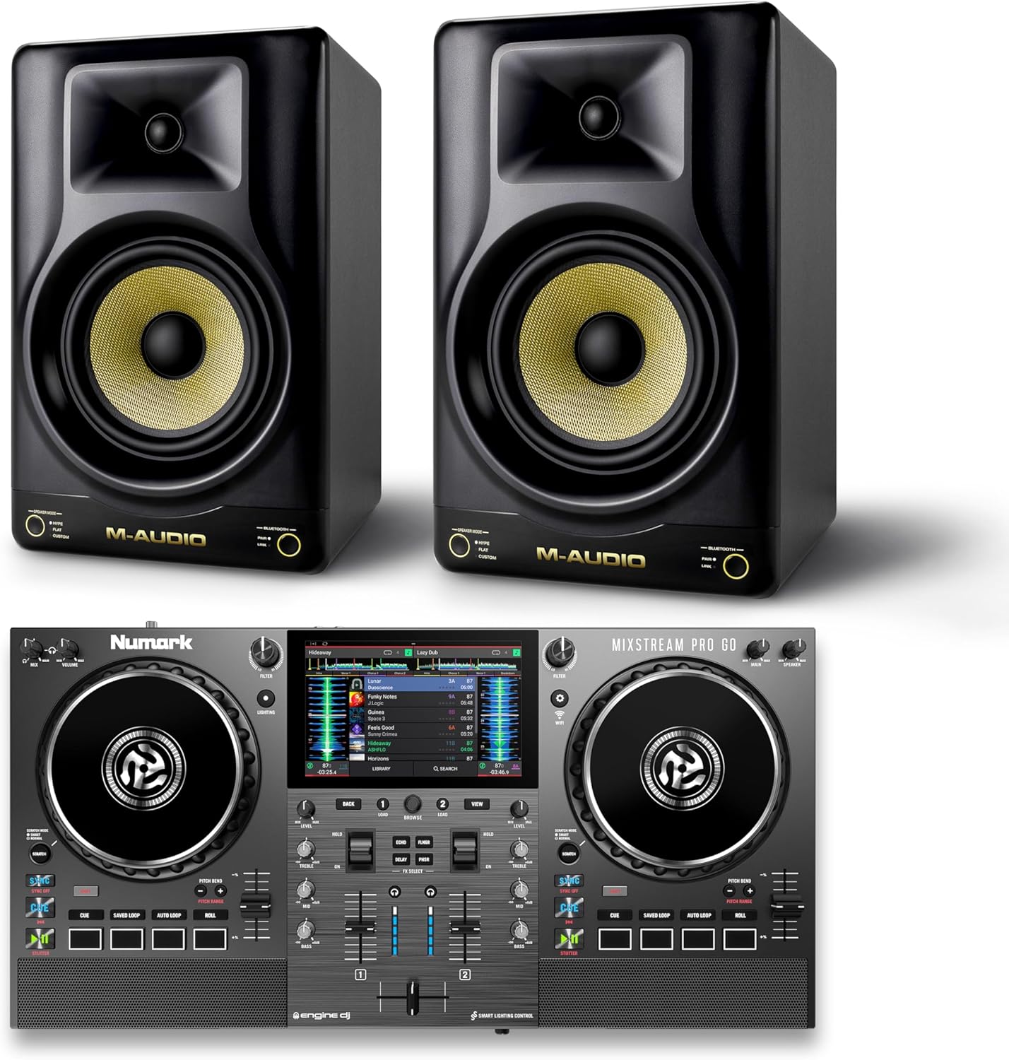 Numark Mixstream Pro Go DJ Controller and M-AUDIO Forty Eighty Pair Studio Monitors for Studio Recording, Music Production, Podcasting, Streaming