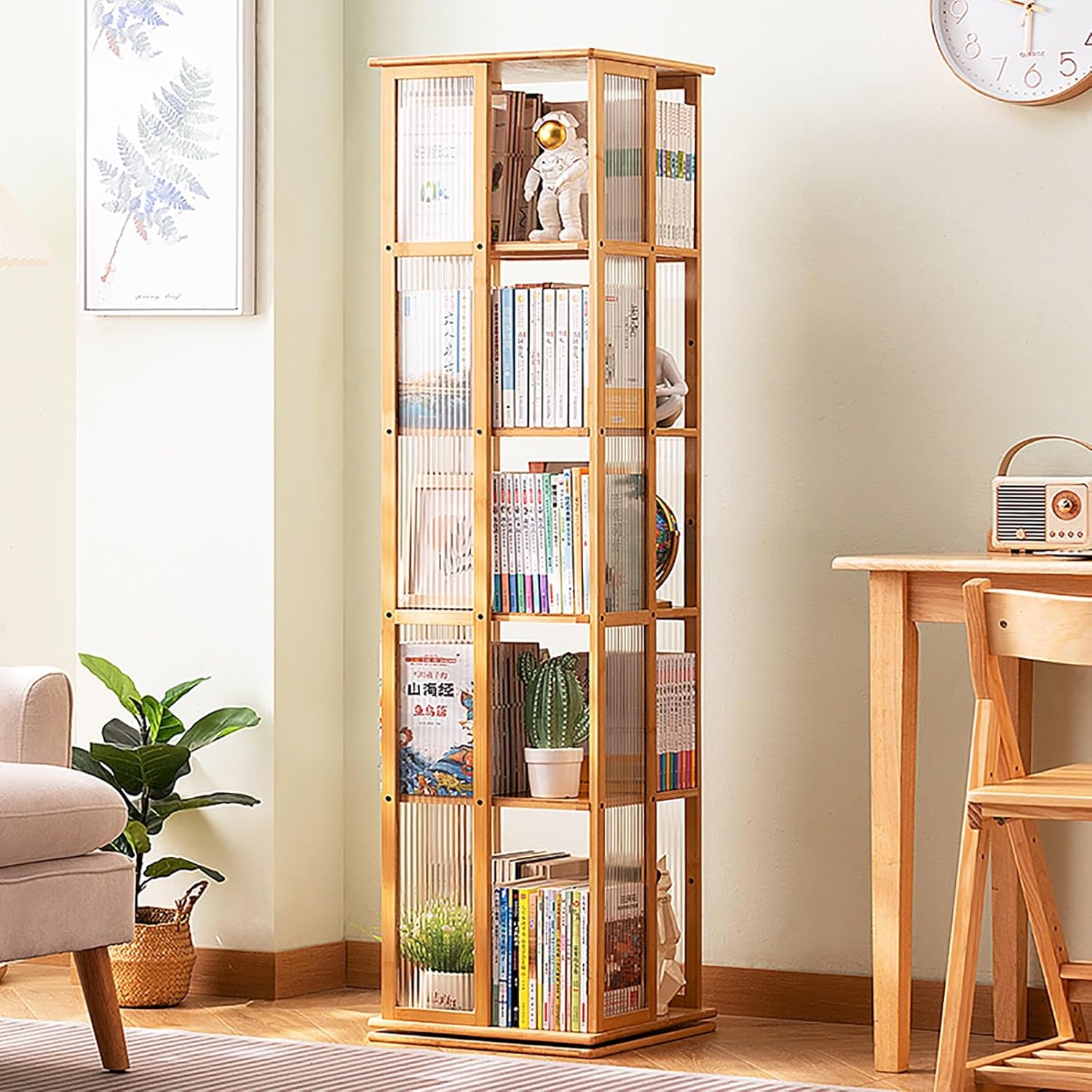 5 Tier Rotating Bookshelf, 360° Spinning Book Shelf Tower, Bamboo Floor Standing Storage Rack, Narrow Storage Shelf for Living Room, Bedroom, Study(Beige)