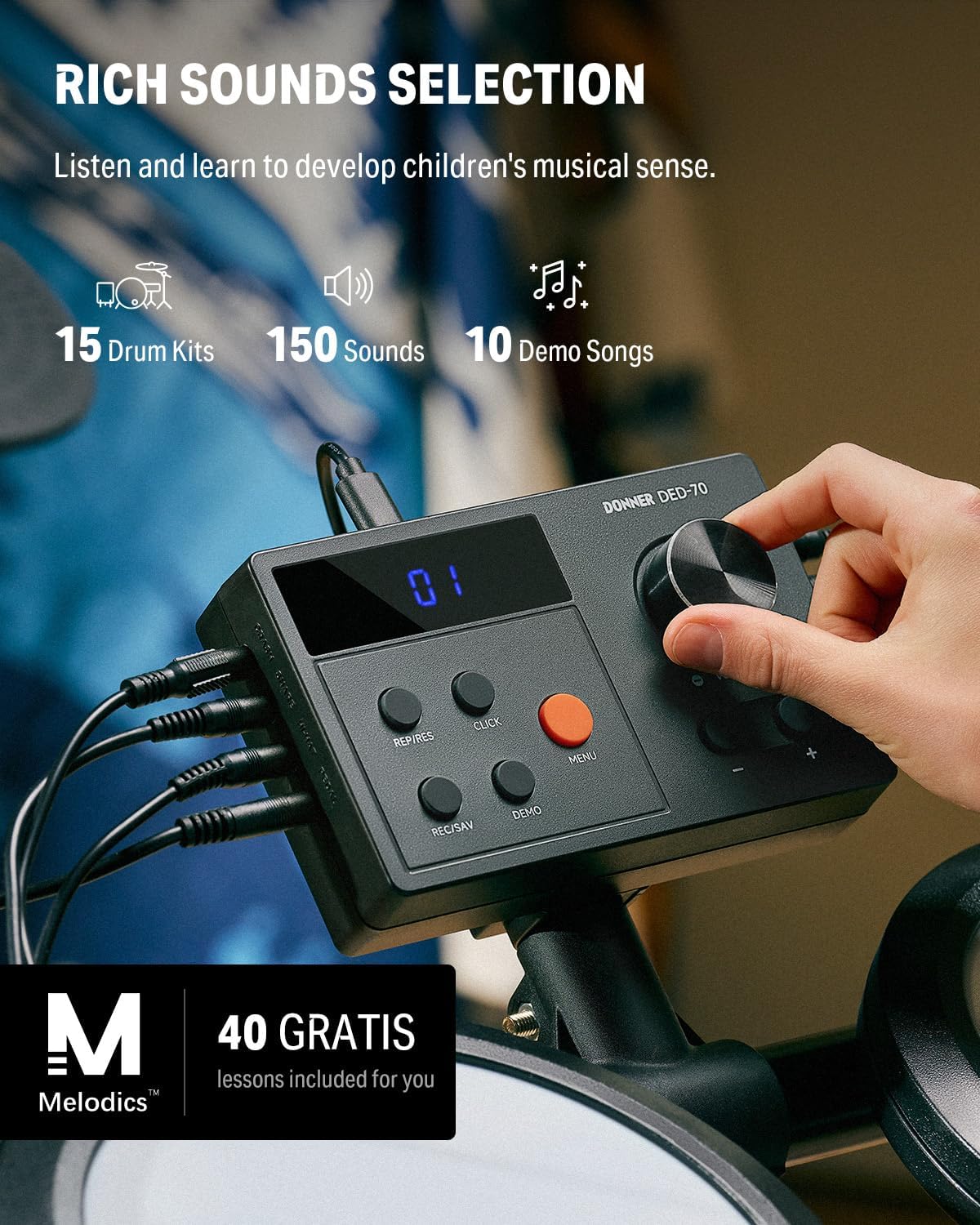 Donner Electric Drum Set, DED-70 Electronic Drum Kit for Beginner with 150 Sounds, 4 Quiet Mesh Pads, 9