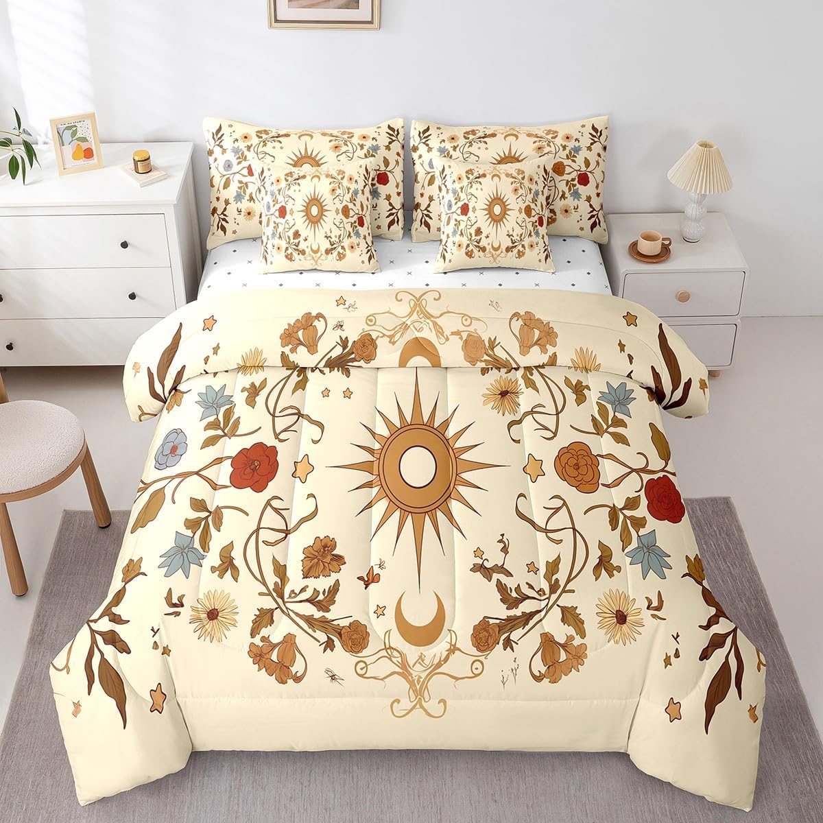 Erosebridal Vintage Floral Queen Bedding Set 7 Piece,Sun Moon and Stars Comforter Set for Kids Adults Room Decor,Boho Flower Bed Set Aesthetic Flowers Bed in a Bag with Fitted+Flat Sheet,Pillowcases