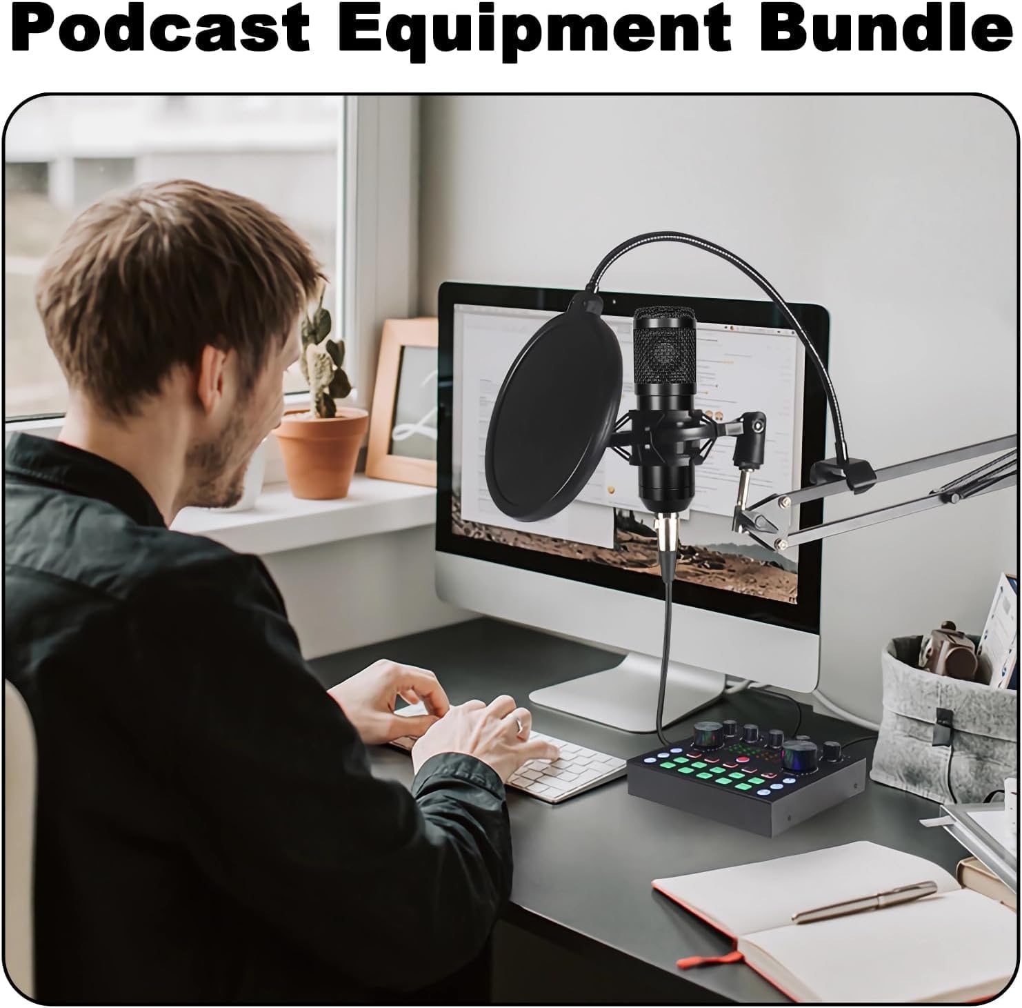 Podcast Equipment Bundle for 2, V8s DJ Mixer Voice Changer with BM-800 Podcast Microphone Bundle - Studio Condenser Microphone Perfect for Podcasting, Recording, Singing, Streaming and Gaming