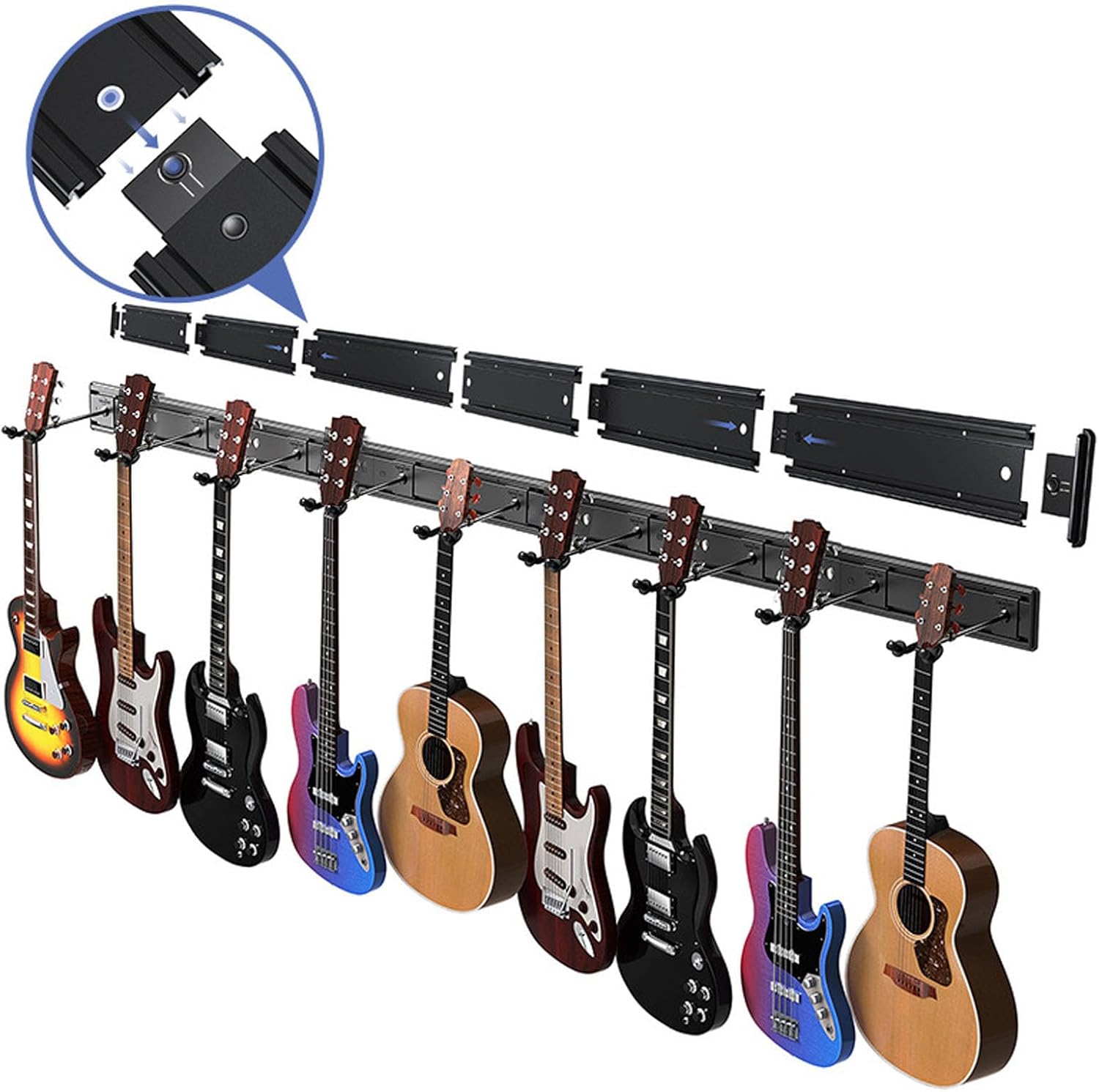 Wall Mount Guitar Rack | 5 Adjustable Hooks for Acoustic / Electric Guitars / Basses | 270° Rotating Metal Hanger, Space Saving Display
