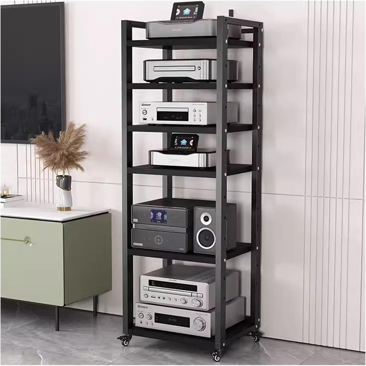 5/6/7/8-tier Media Stand AudioComponent Cabinet with Wheels, Rolling Video Game Console Shelf, Heavy Duty Adjustable Stereo Media Rack, for Home/Office/Coffee Shop,Black 6 Layer 50cm/19.7in