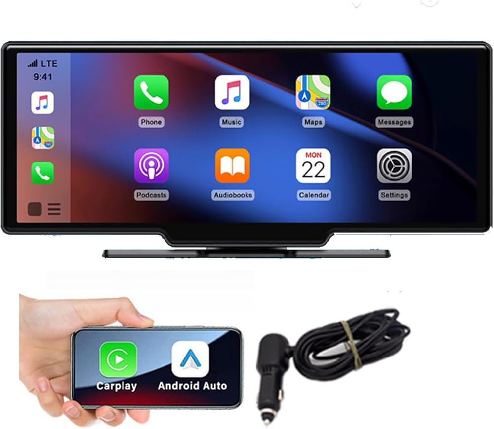 Portable Carplay Screen Wireless Carplay & Android Auto 10Inch Touch Screen Car Multimedia Player Bluetooth5.0/Mirror Link/FM/TF/AUX Built-in Speaker