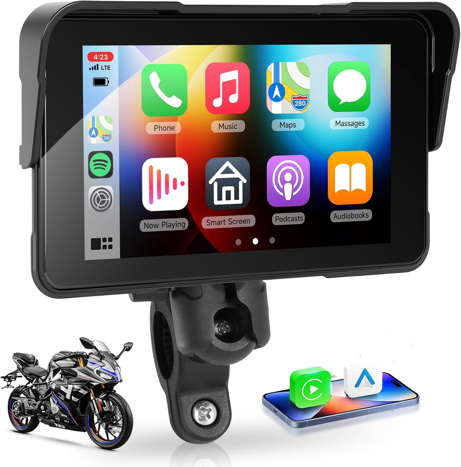 for Motorcycle Carplay Android Auto, 5’’ Waterproof Motorcycle GPS Navigation System with Tire Pressure Monitoring, carplay Moto with Dual Bluetooth, Siri/Goo-gle Assistantt