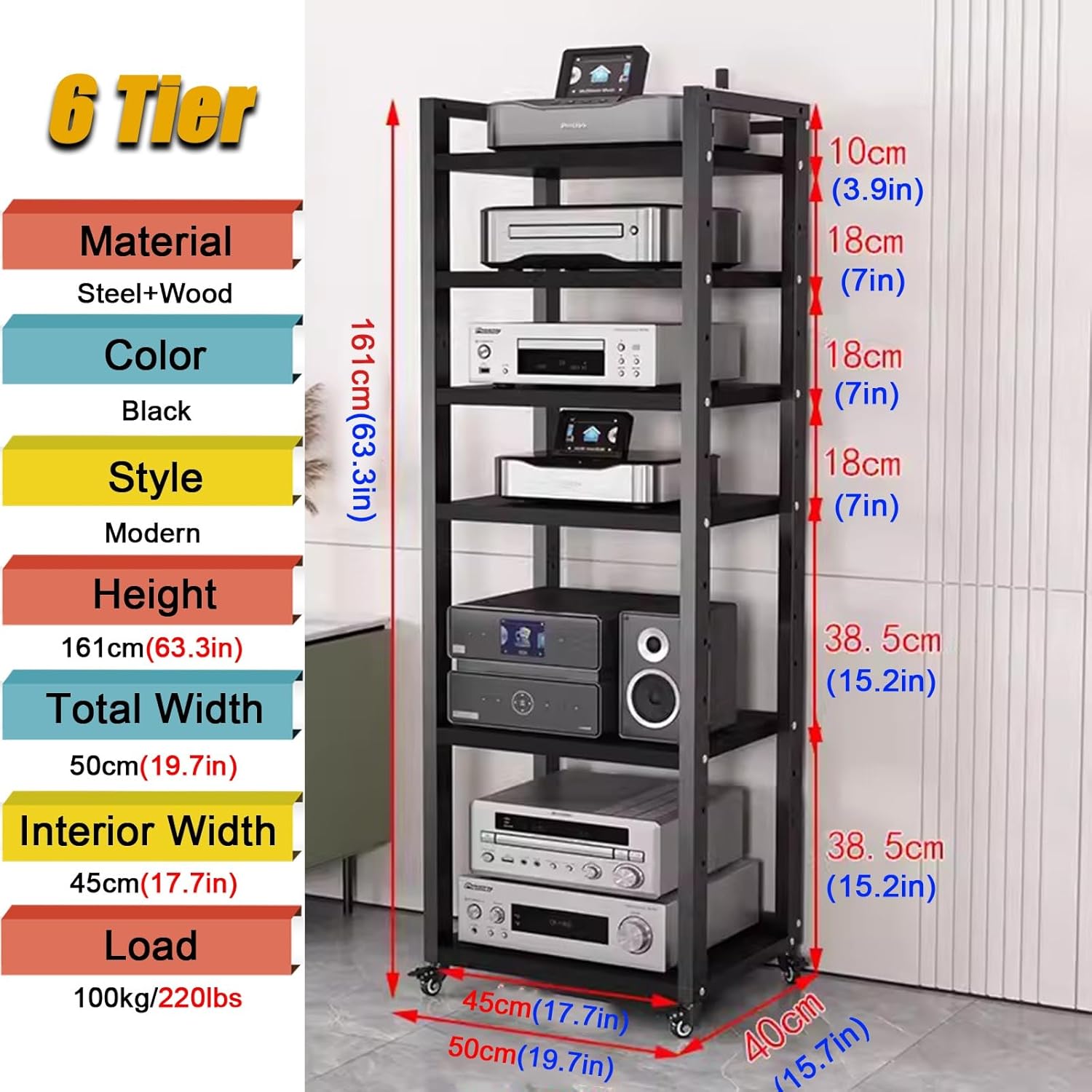 5/6/7/8-tier Media Stand AudioComponent Cabinet with Wheels, Rolling Video Game Console Shelf, Heavy Duty Adjustable Stereo Media Rack, for Home/Office/Coffee Shop,Black 6 Layer 50cm/19.7in