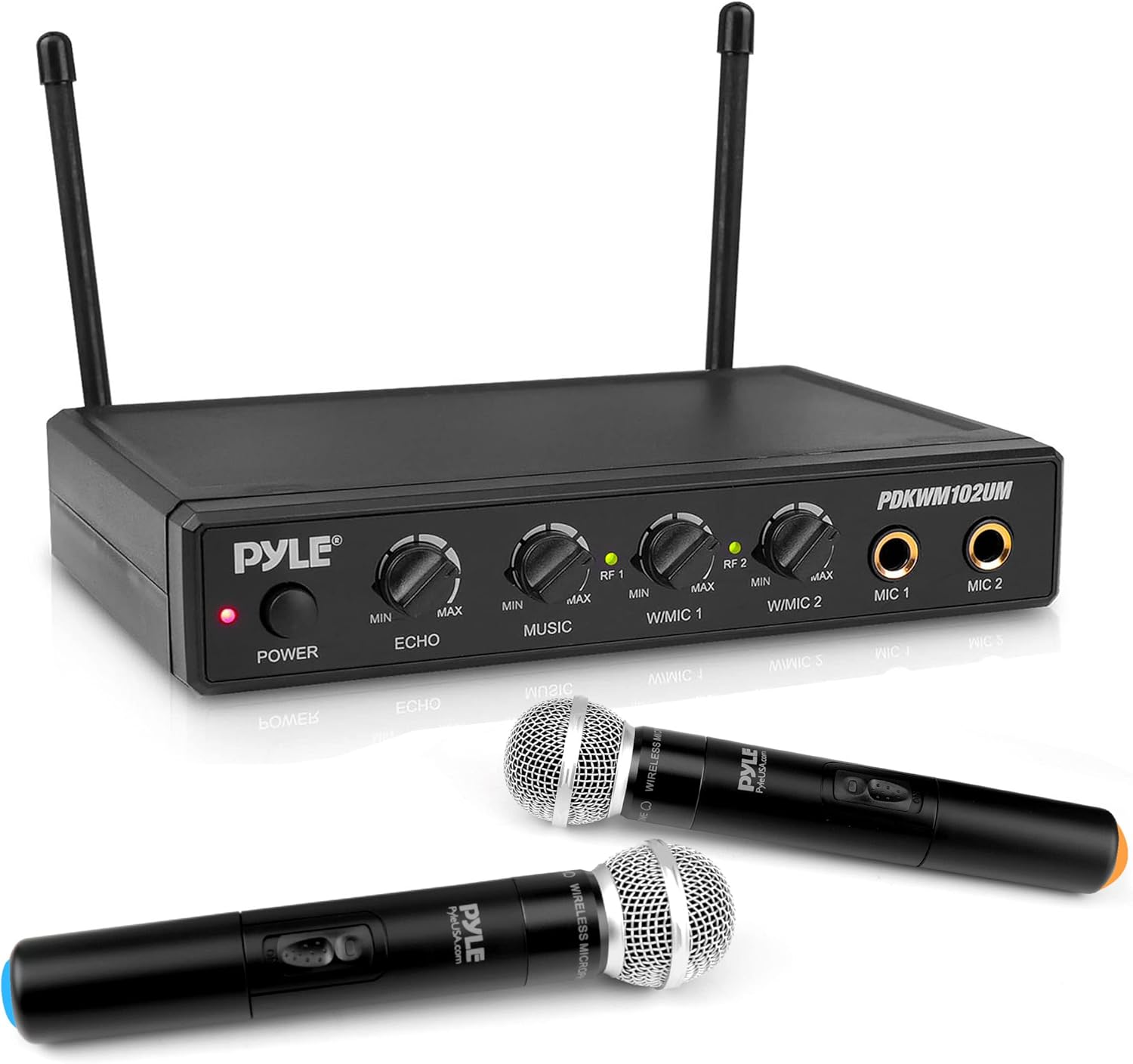 Pyle Wireless Karaoke Microphone System - Portable Audio Sound Mixer Receiver Set w/Dual Mic Setting, Two Handheld Mics, 3.5mm AUX & RCA Cord - for DJ Sound, Home Party, & Theater - PDKWM102UM