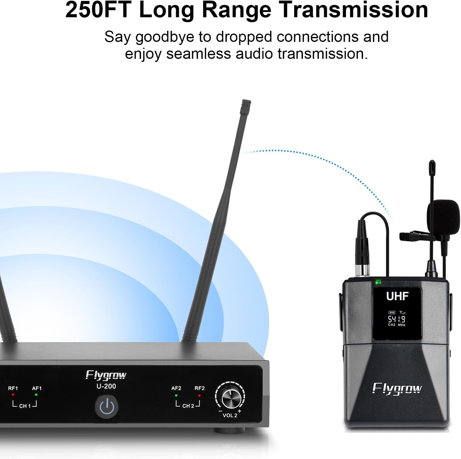 Dual Channel UHF Wireless Microphones System with Lavalier Lapel Mics, Bodypack Transmitter,250ft Range for Live Singing Karaoke Church Party DJ PA Speaker(2 Bodypack)
