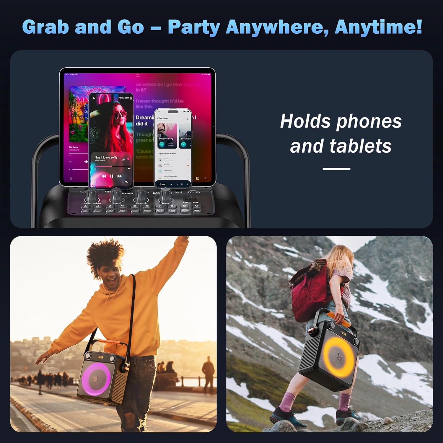 Karaoke Machine with 2 Wireless Microphones, Portable Bluetooth Karaoke Speaker for Adults, Karaoke Microphone with PA System, Bass/Treble Adjustment, Light for Home Party, Support USB/TF/AUX