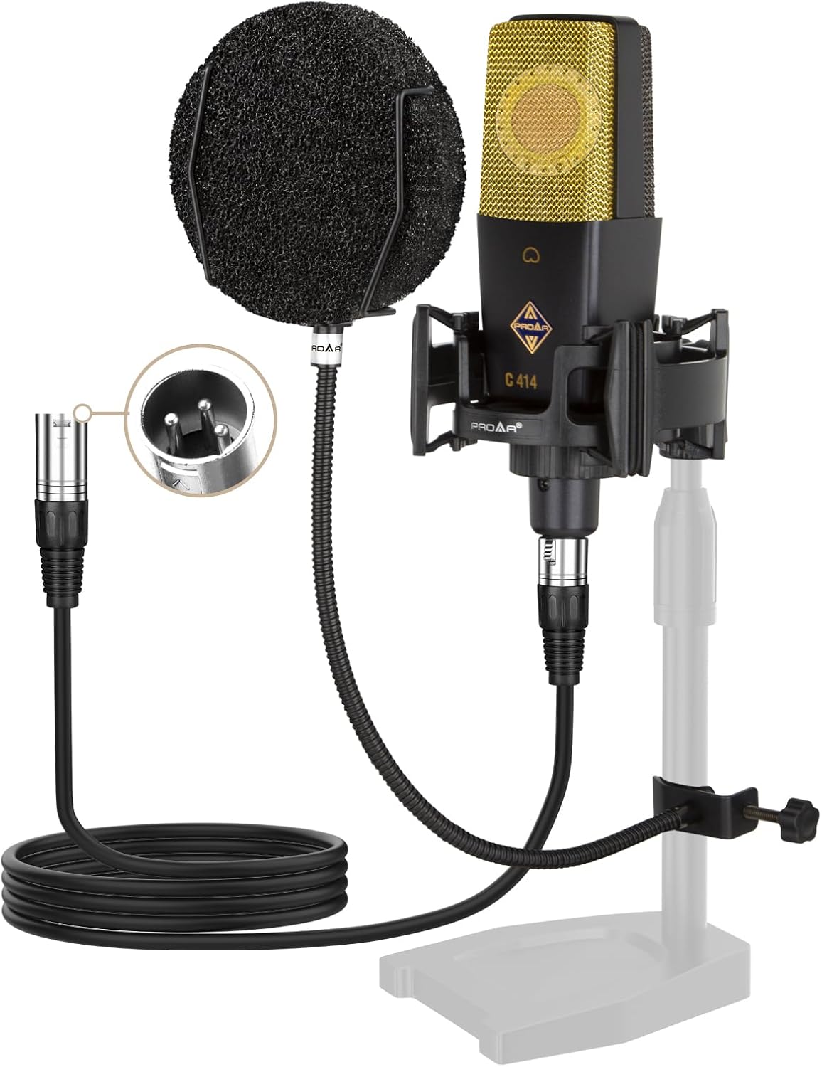 XLR Podcast Microphone Professional Cardioid Studio Condenser Microphone 25mm Large Diaphragm Computer PC Gaming Mic Kit with Upgrade Pop Filter for Vocal Recording,Streaming,YouTube C414