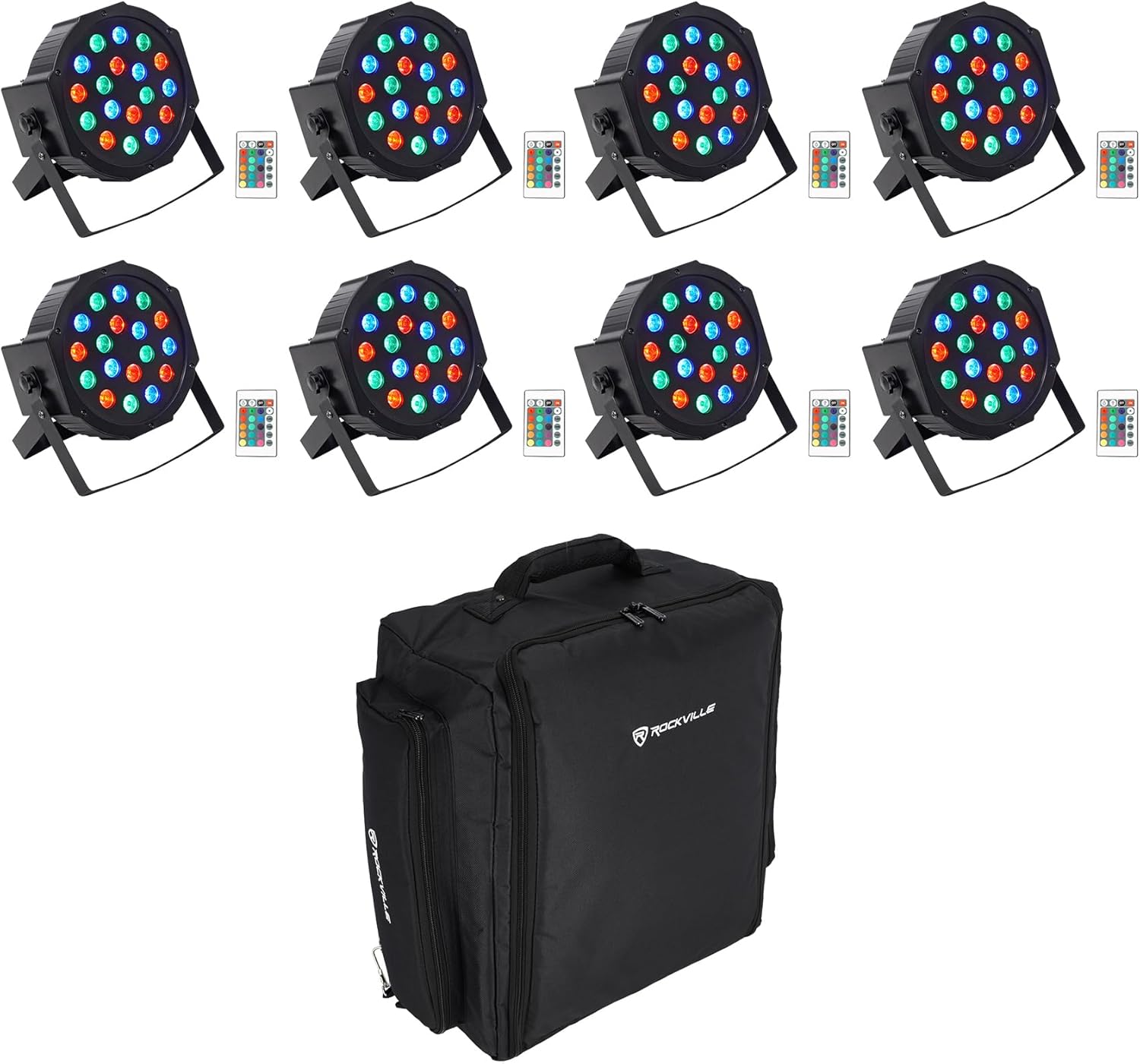 (8) Rockville Battery PAR 50 Rechargeable DJ DMX Wash Up-Lights+Remote+Backpack