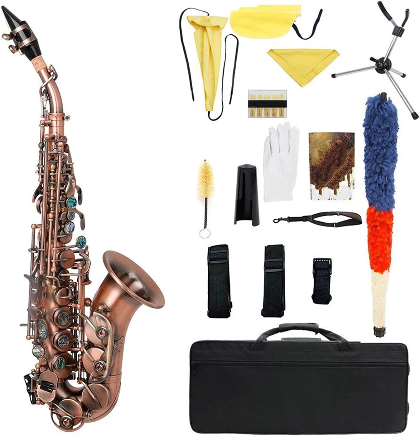Red Antique Soprano Saxophone Bb Key Woodwind Instrument with Case Sax Stand Reed Gloves Cleaning Cloth Student Saxophone