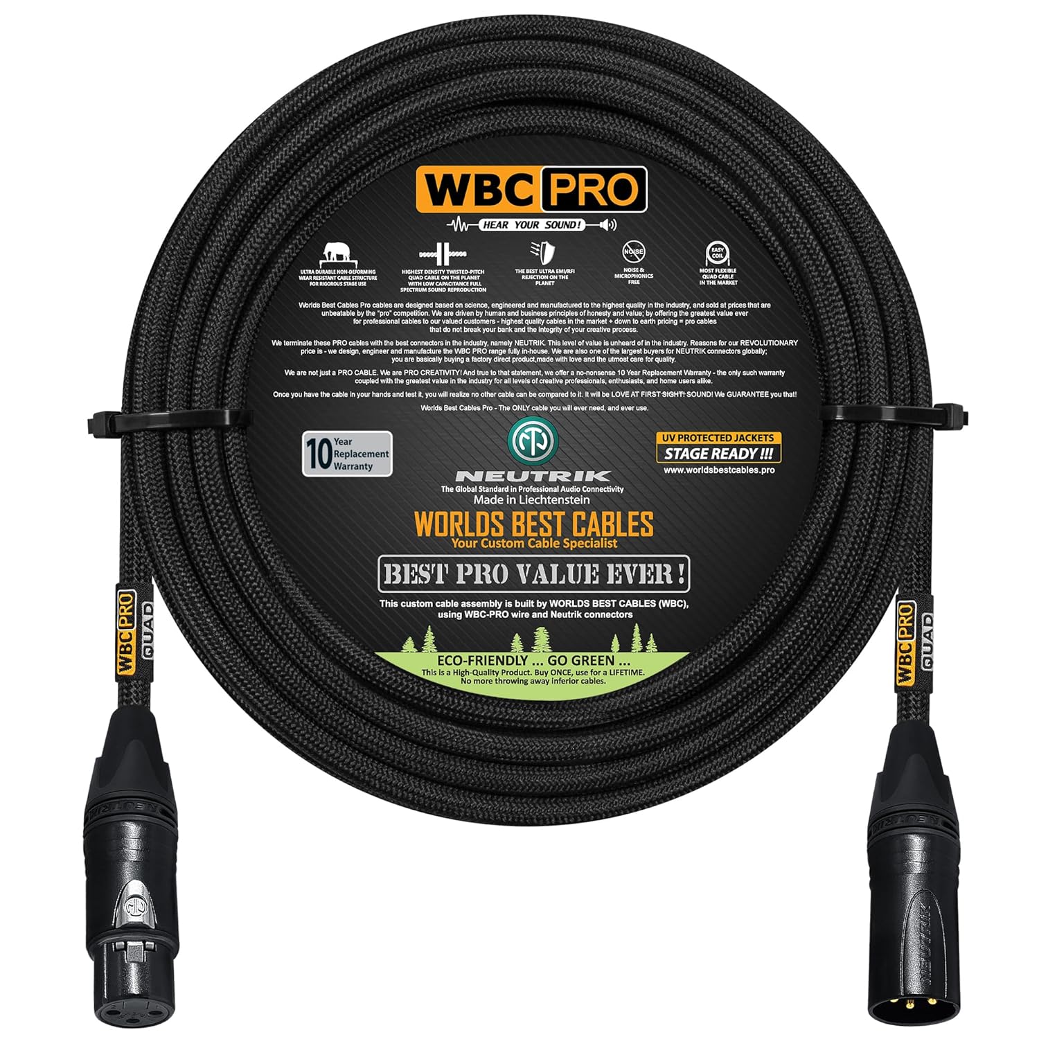 200 Foot - WBC-PRO-Quad Ultra-Silent Ultra-Flexible Balanced Star-Quad Cable with Neutrik Male & Female XLR Plugs & Black Tweed Jacket