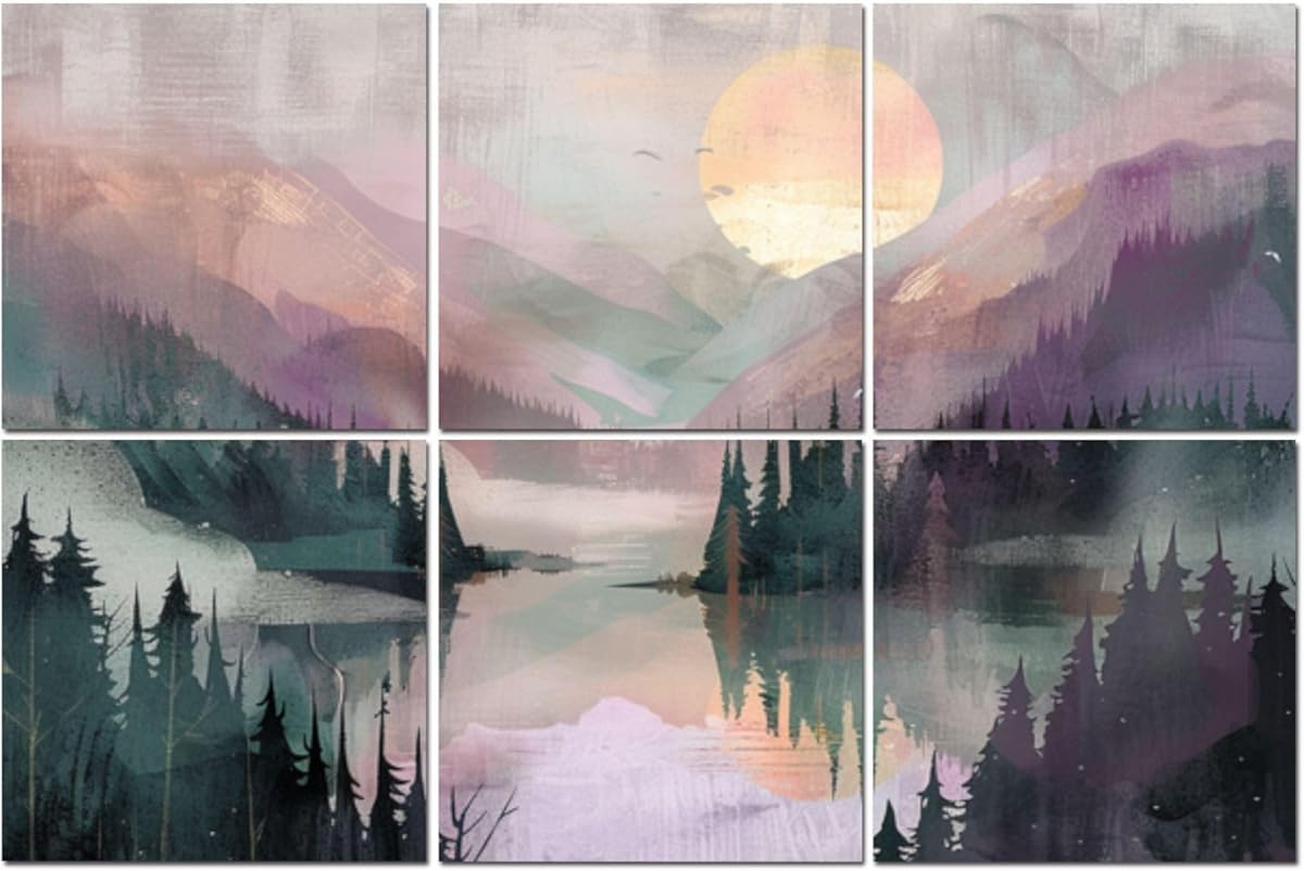 6 Pack Art Acoustic Panels Rustic Dawn Landscape Muted Pink Purple Green Soundproof Wall Panels, 48