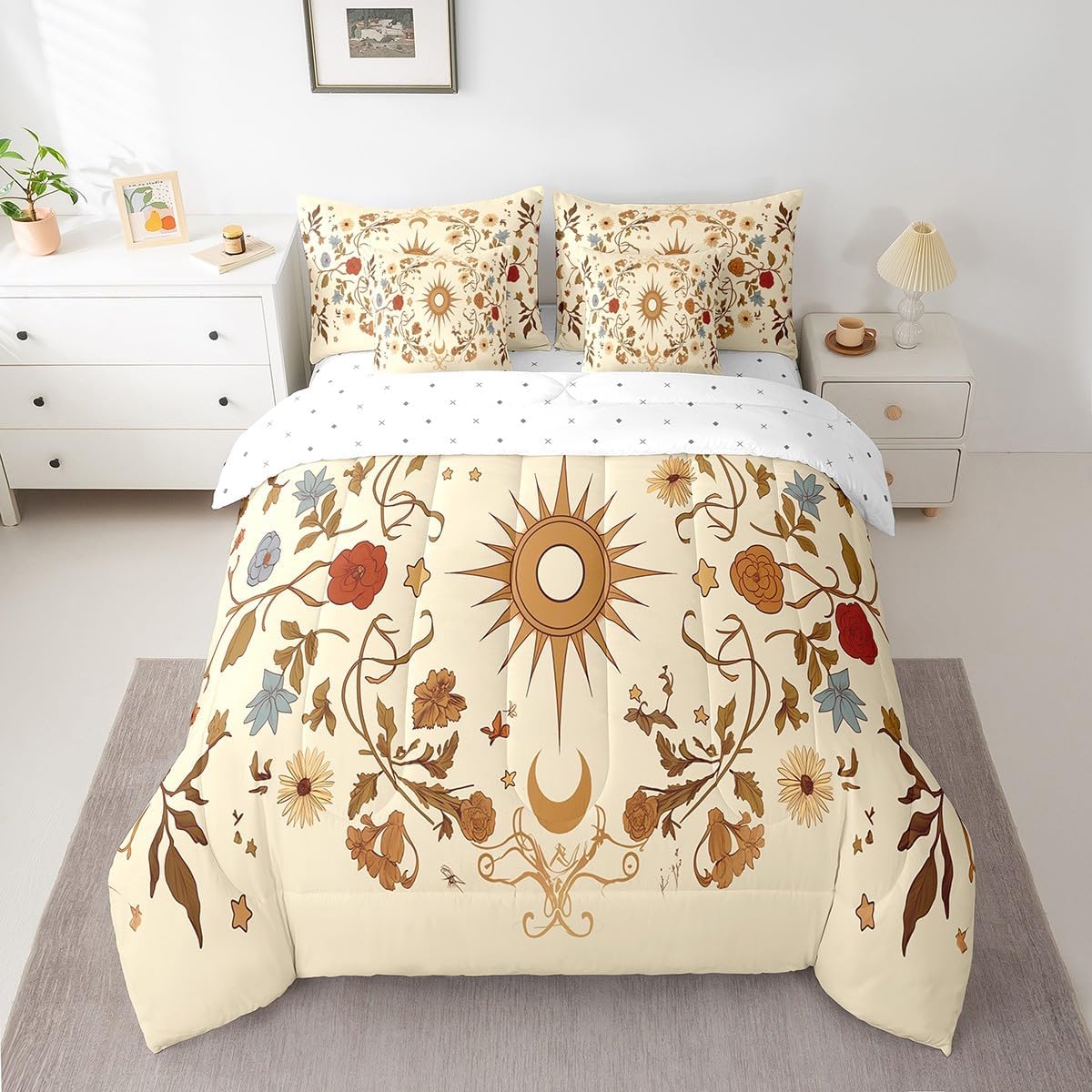 Erosebridal Vintage Floral Queen Bedding Set 7 Piece,Sun Moon and Stars Comforter Set for Kids Adults Room Decor,Boho Flower Bed Set Aesthetic Flowers Bed in a Bag with Fitted+Flat Sheet,Pillowcases
