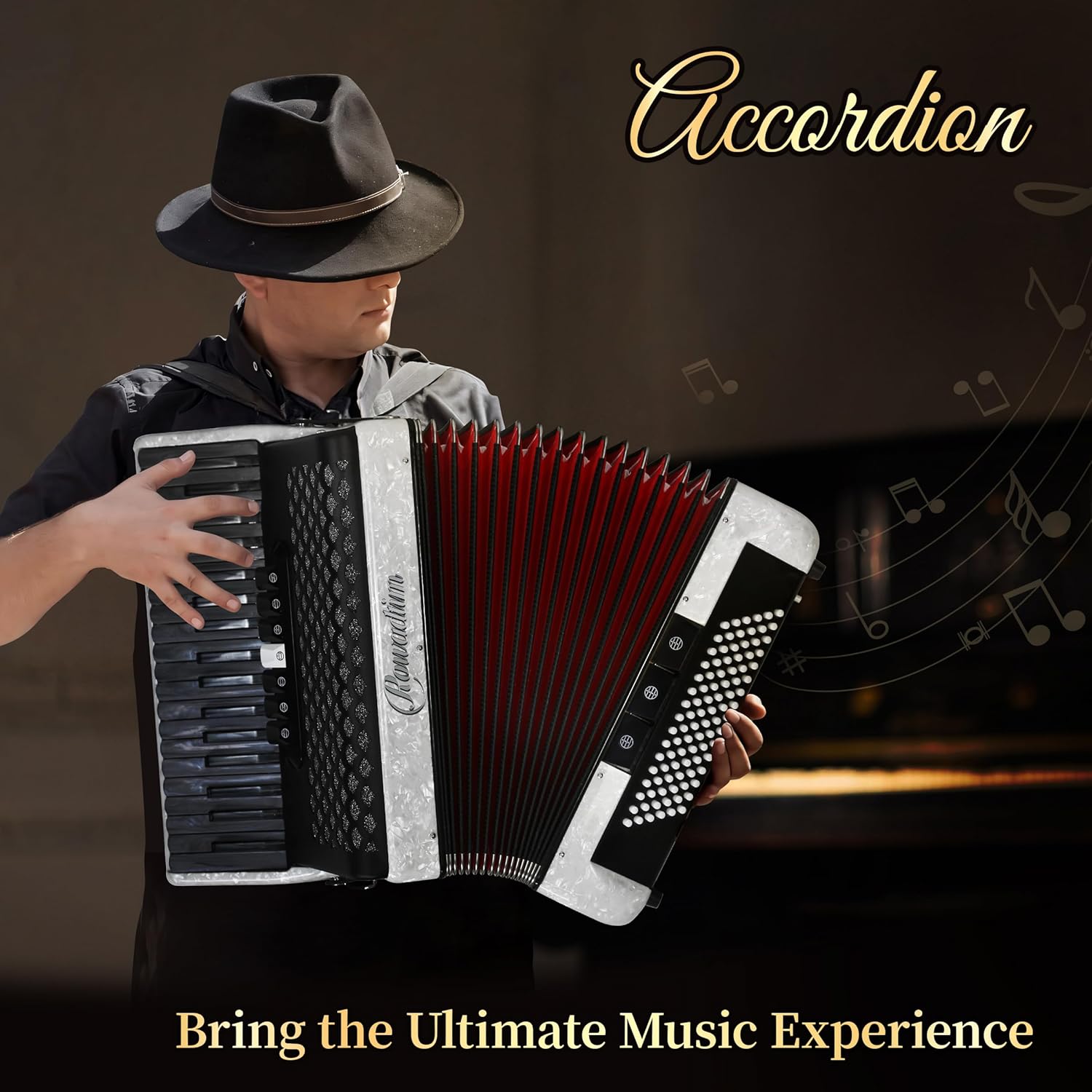 Accordion - 37 Key 96 Bass Professional Model for Beginners to Advanced Players, Includes Adjustable Strap & Backpack – Ideal for Classes, Practice & Live Performance (White)