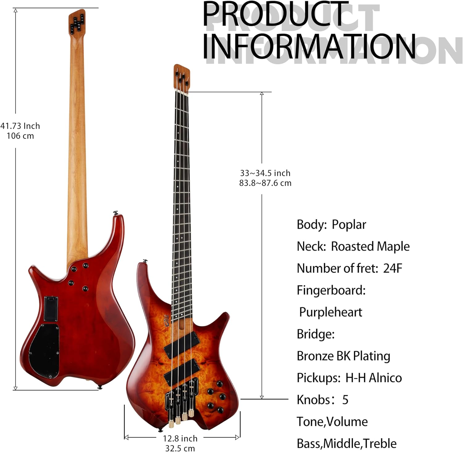 4 String Headless Electric Bass Guitar poplar body Carbon Fibre Maple neck fanned fret