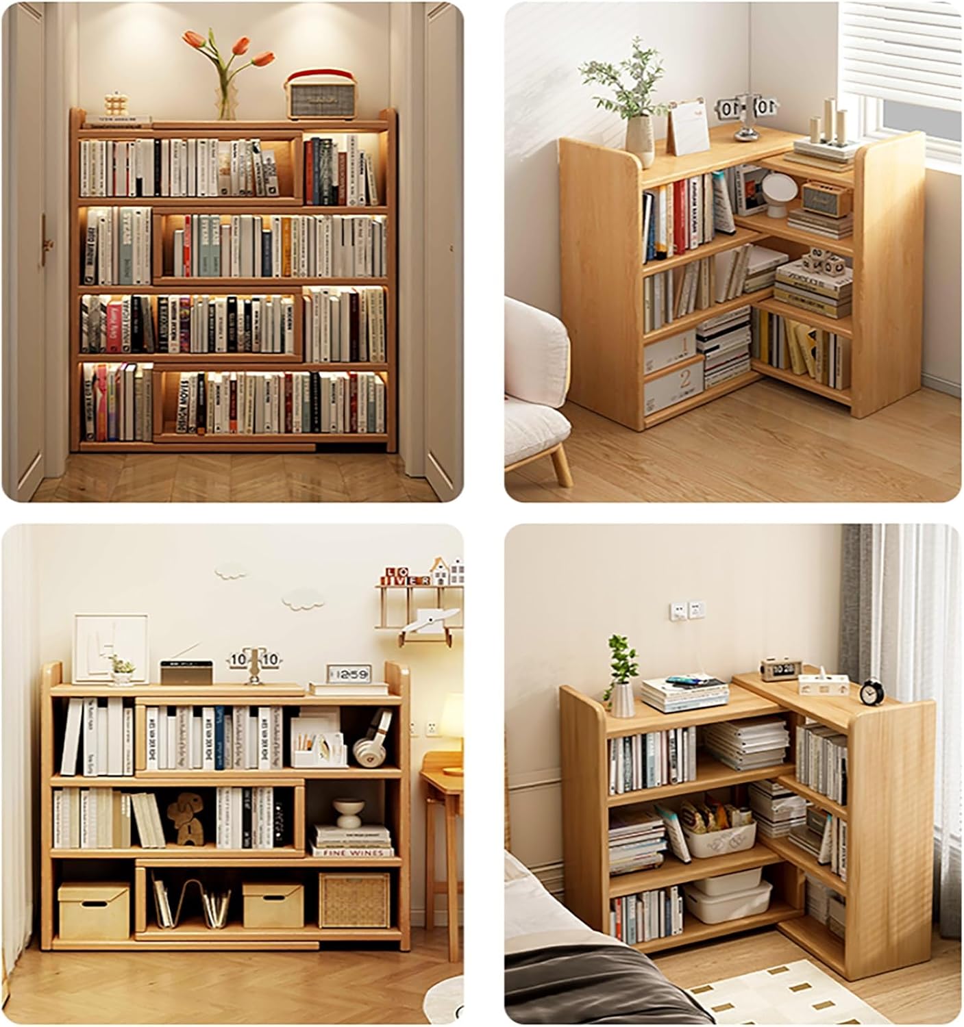 3 Tier Wooden Corner Bookshelf Expandable Convertible Bookcase with Adjustable Width, Freestanding Display Rack Shelving Unit for Home Decor Office(60cm/23.6in)