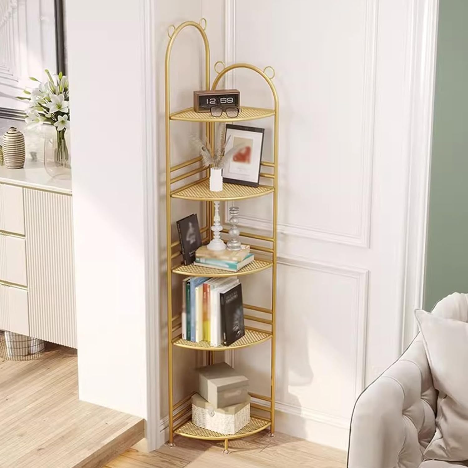 Industrial Bookshelf,Corner Bookcase,Multi-Layer Storage Rack,inch Tall Corner Shelf, Suitable for Small Space, Office(Gold, Green, White)(White,5tier) (Gold 5tier)