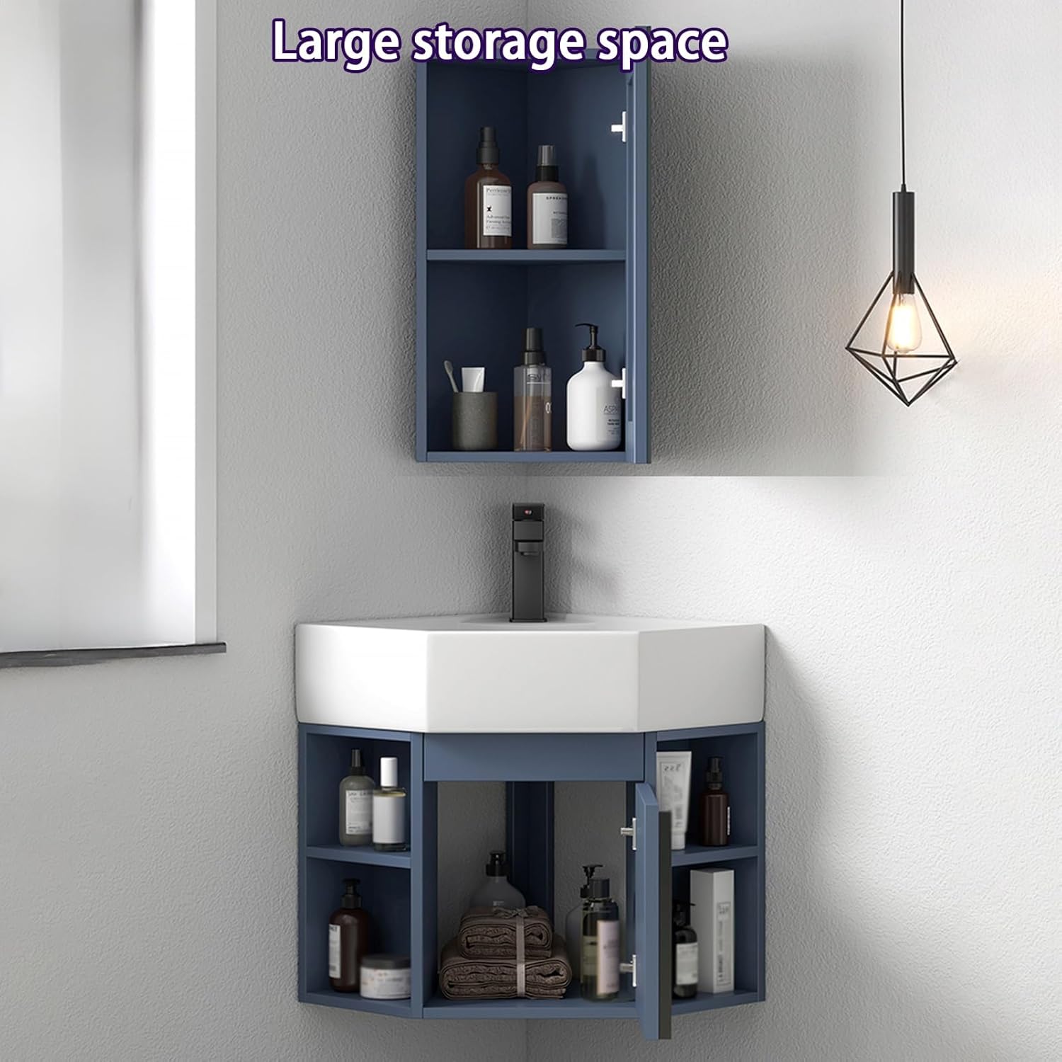 Corner Wall Mount Bathroom Sink, Corner Bathroom Vanity, Bathroom Sink Cabinets, Ceramic Corner Sink with Storage Container and Mirror Cabinet, for Kitchen Bathroom Lavatory(Gray,45cm/17.7in)