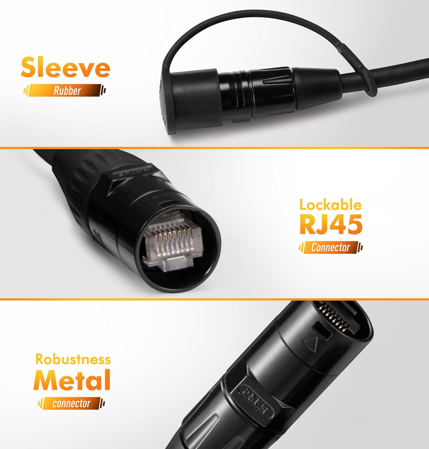 Jamesin CAT6 Shielded Ethercon Cable, 150 Feet, with Booted Rj45, Tactical Locking Ethernet, and Converta-Shell Connectors, for Studio Setups, Touring, Stage Production, Concerts & Other Applications