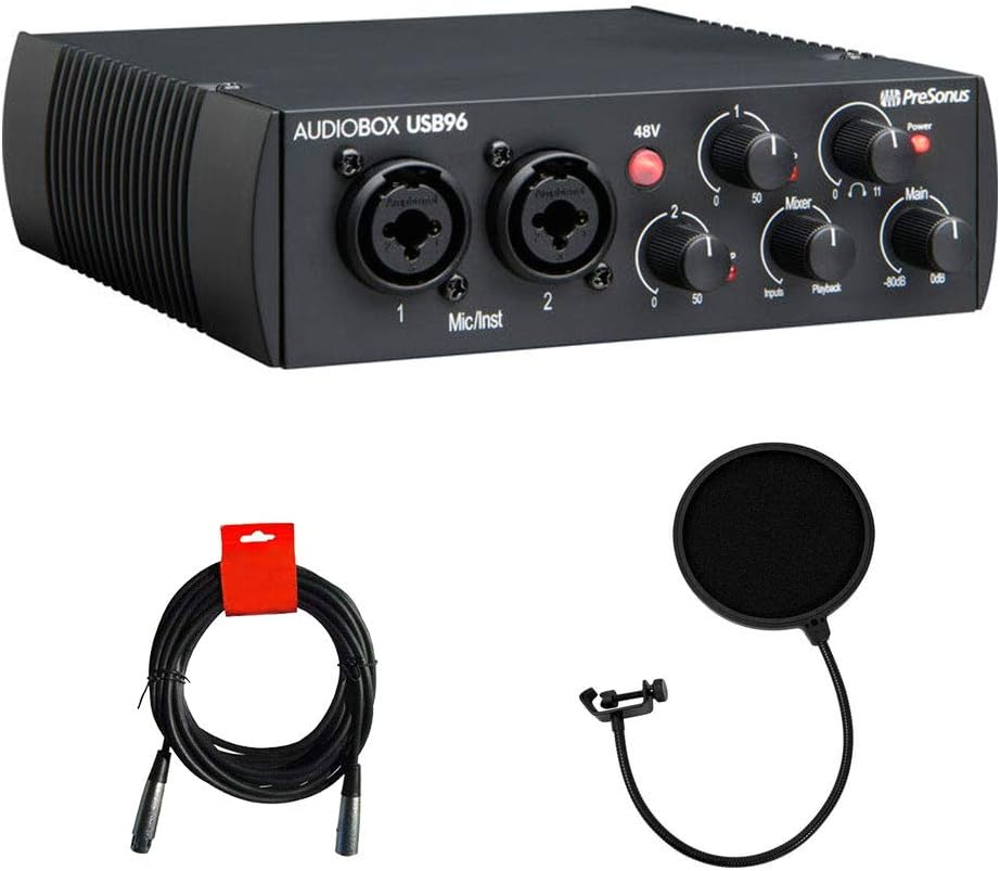 PreSonus AudioBox USB 96 2x2 USB Audio Interface (25th Anniversary Black) Bundle with Pop Filter and XLR Cable (3 Items)