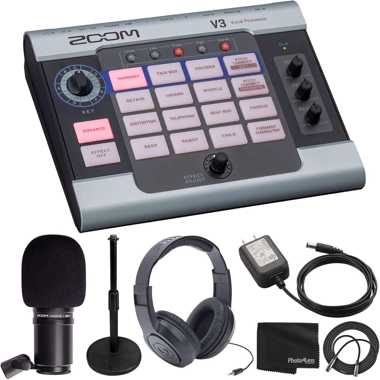 Zoom V3 Vocal Effects Processor + Zoom ZDM-1 Dynamic Microphone + Over-Ear Stereo Headphones + Microphone Stand + Zoom AD-16 9V AC Adapter + Mic Cable + Cloth - Deluxe Bundle