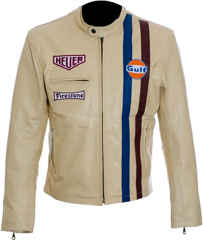 Mens Cream Racing Genuine Leather Jacket