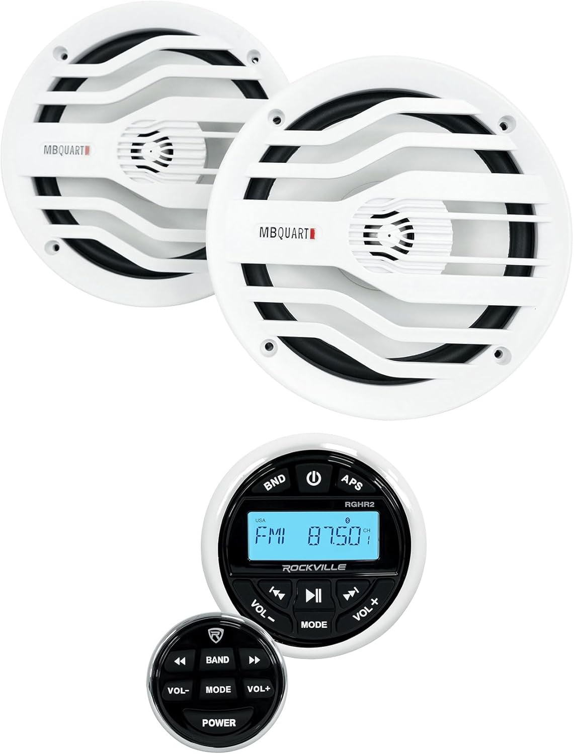 Rockville RGHR2 Marine Gauge Receiver w/Bluetooth Bundle with 2 White MB Quart 6.5