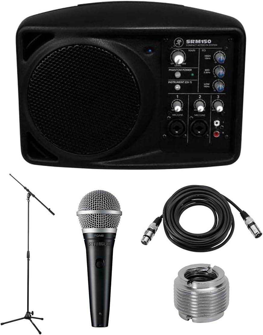 Mackie 5.25in Compact Powered PA System, 150W, 8 Ohms Impedance - Bundle with Behringer ULTRAVOICE XM8500 Cardioid Vocal Microphone, Samson MK10 Lightweight Boom Mic Stand, 20' XLR Microphone Cable