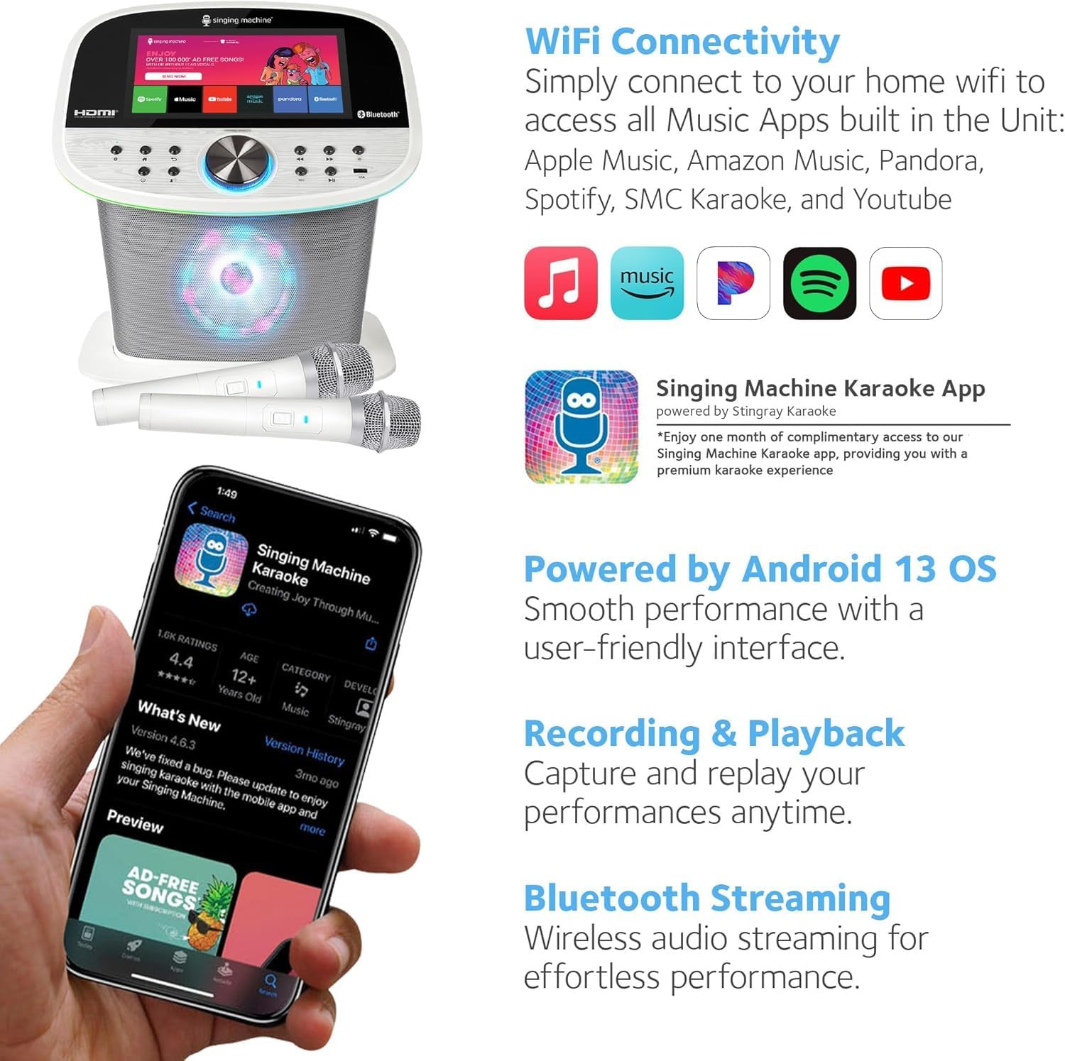 Singing Machine Platinum Plus – Wi-Fi Karaoke Machine for Adults & Kids with 2 Wireless Microphones, Bluetooth Party Speaker, Voice Effects, YouTube & Spotify Streaming – The Ultimate Party System