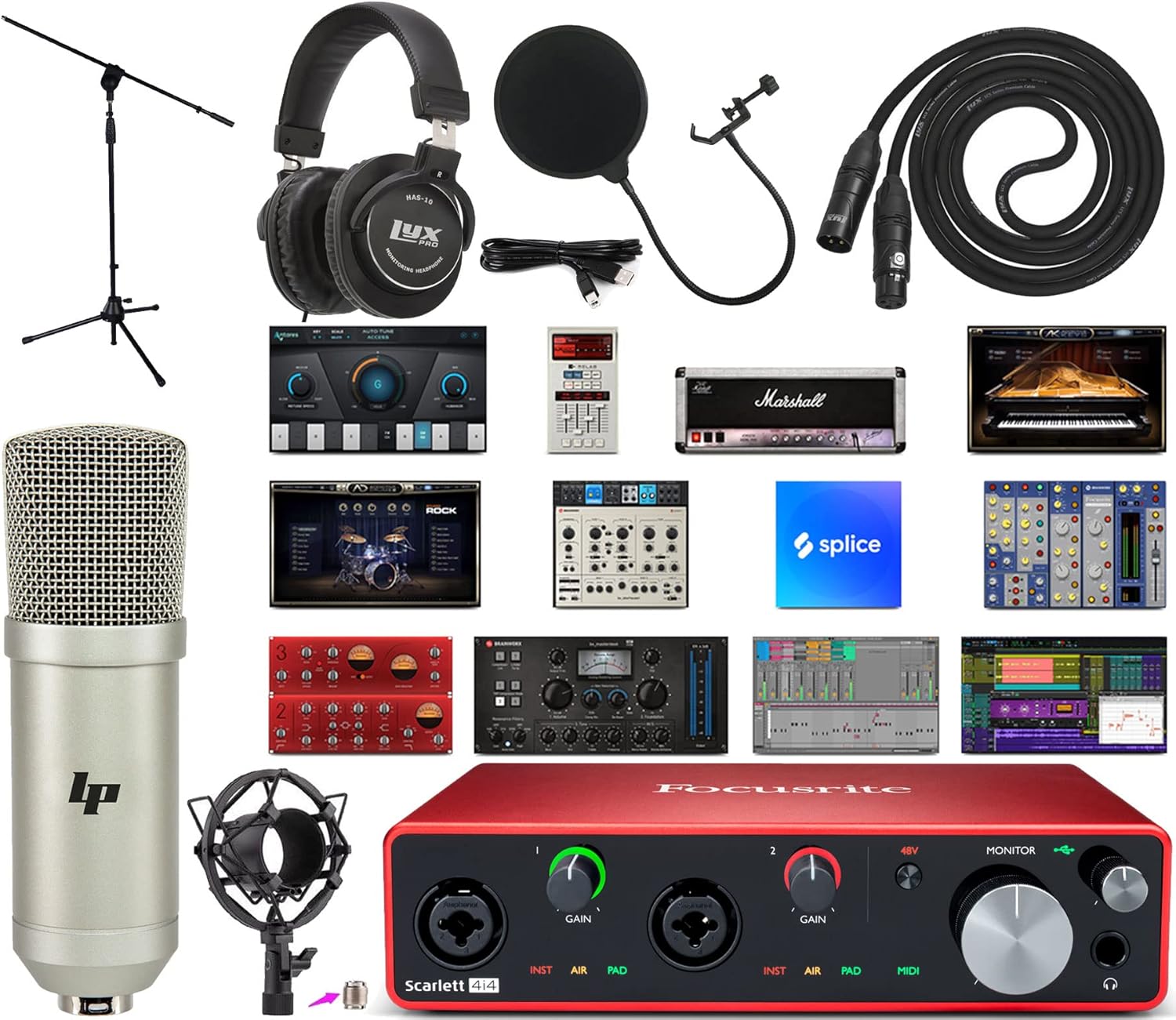 Focusrite Scarlett 4i4 4x4 USB Audio Interface Full Studio Recording Bundle with Condenser Microphone Pop Filter Mic Stand Studio Headphones XLR Cable and Music Production Software