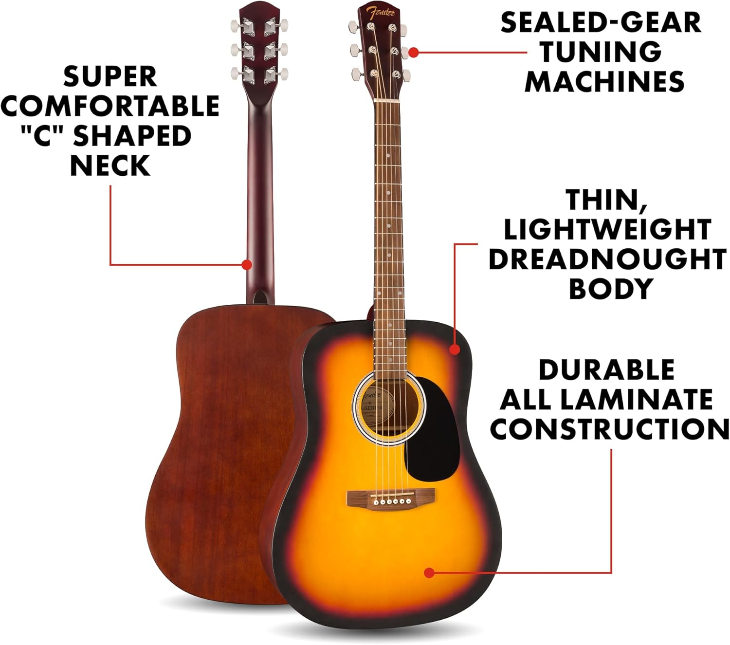 Fender FA-25 Dreadnought Acoustic Guitar, Beginner Guitar, with 2-Year Warranty, Includes Free Lessons, Sunburst