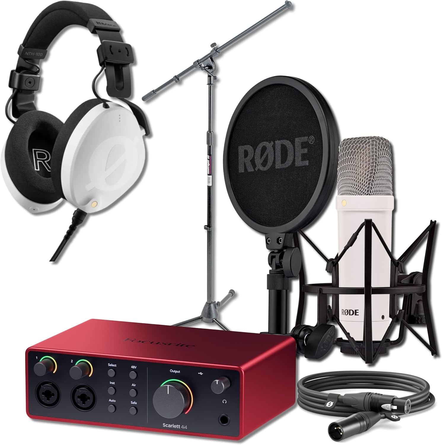 Rode NT1 Signature Series Condenser Microphone (White) with Scarlett 4i4 4th Gen USB Audio Interface, White NTH-100 Professional Over-Ear Headphones and On-Stage MS7701B Boom Microphone Stand