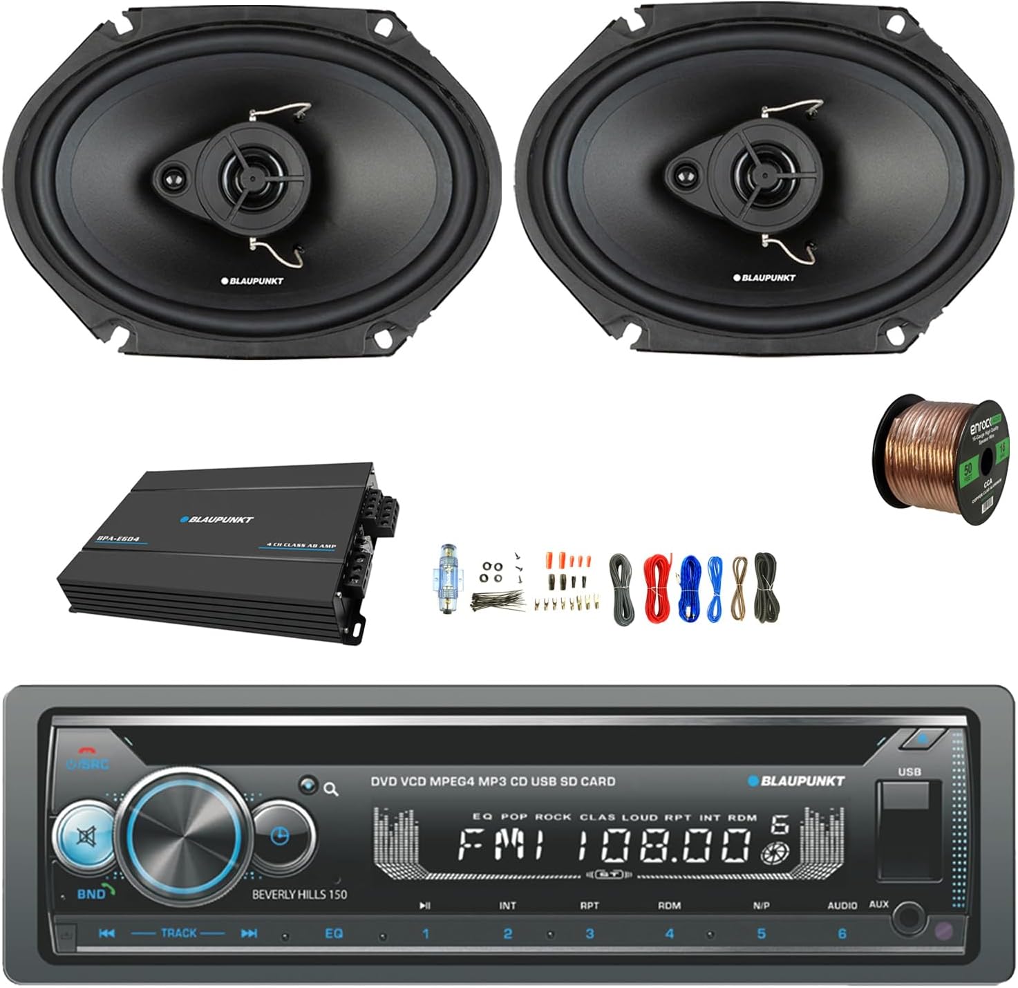 Blaupunkt Beverly Hills 150 Single DIN Bluetooth DVD/CD Stereo Receiver, 4-Channel Amplifier w/Kit, 2X 6x8 60 Watt Max 3-Way Car Speakers w/Wire