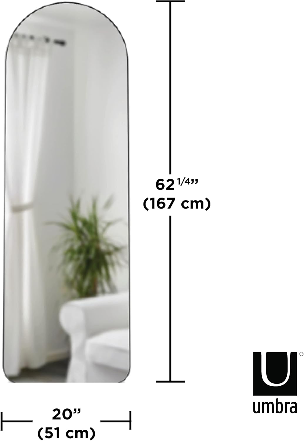 Umbra Hubba Arched Floor Length Mirror with Metallic Frame, Leaning or Wall-Mount, Modern Style for Bedroom, Bathroom, Entryway and More, 62 x 20-Inch, Titanium