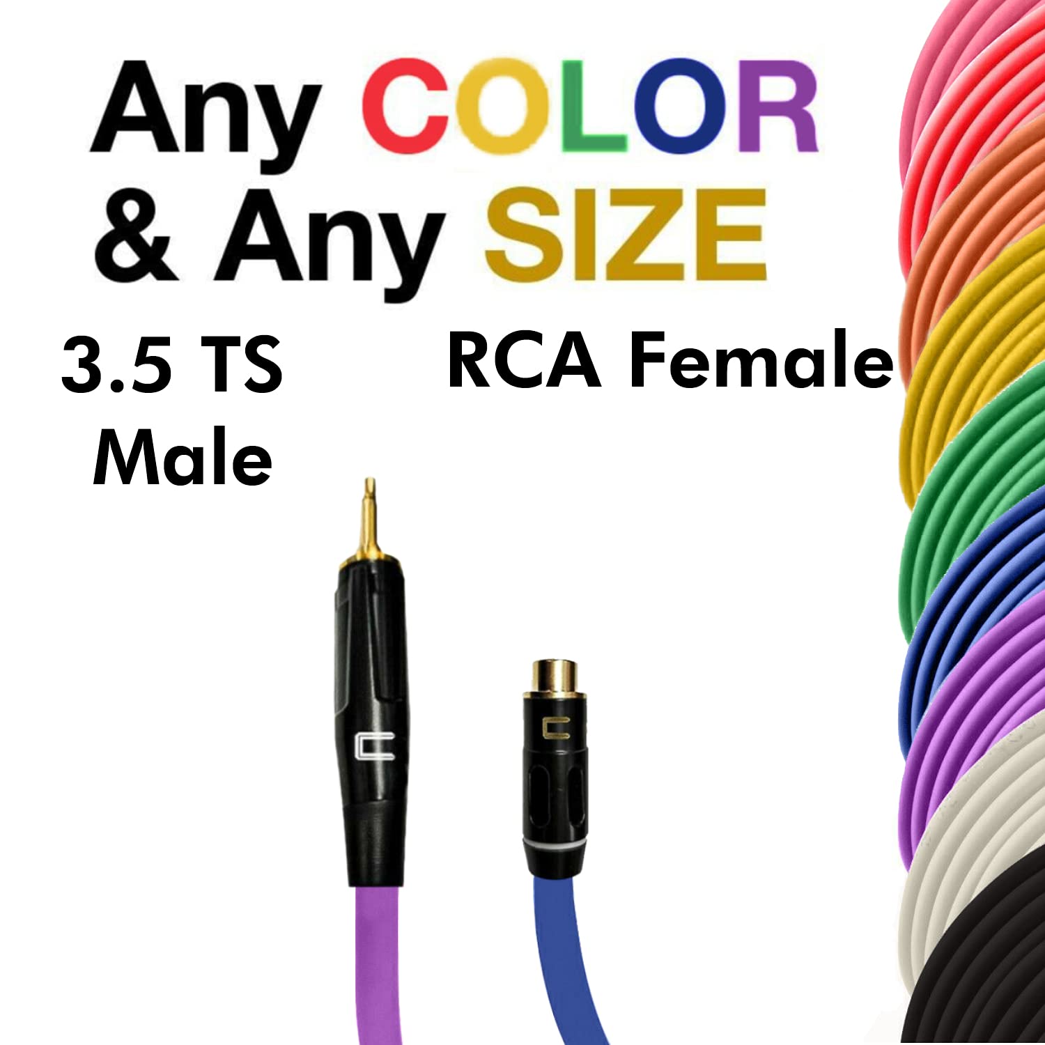 COLUBER CABLE 3.5 TS Male to RCA Female - 200 Feet - White - Pro 3-Pin Microphone Connector for Powered Speakers, Audio Interface or Mixer for Live Performance & Recording