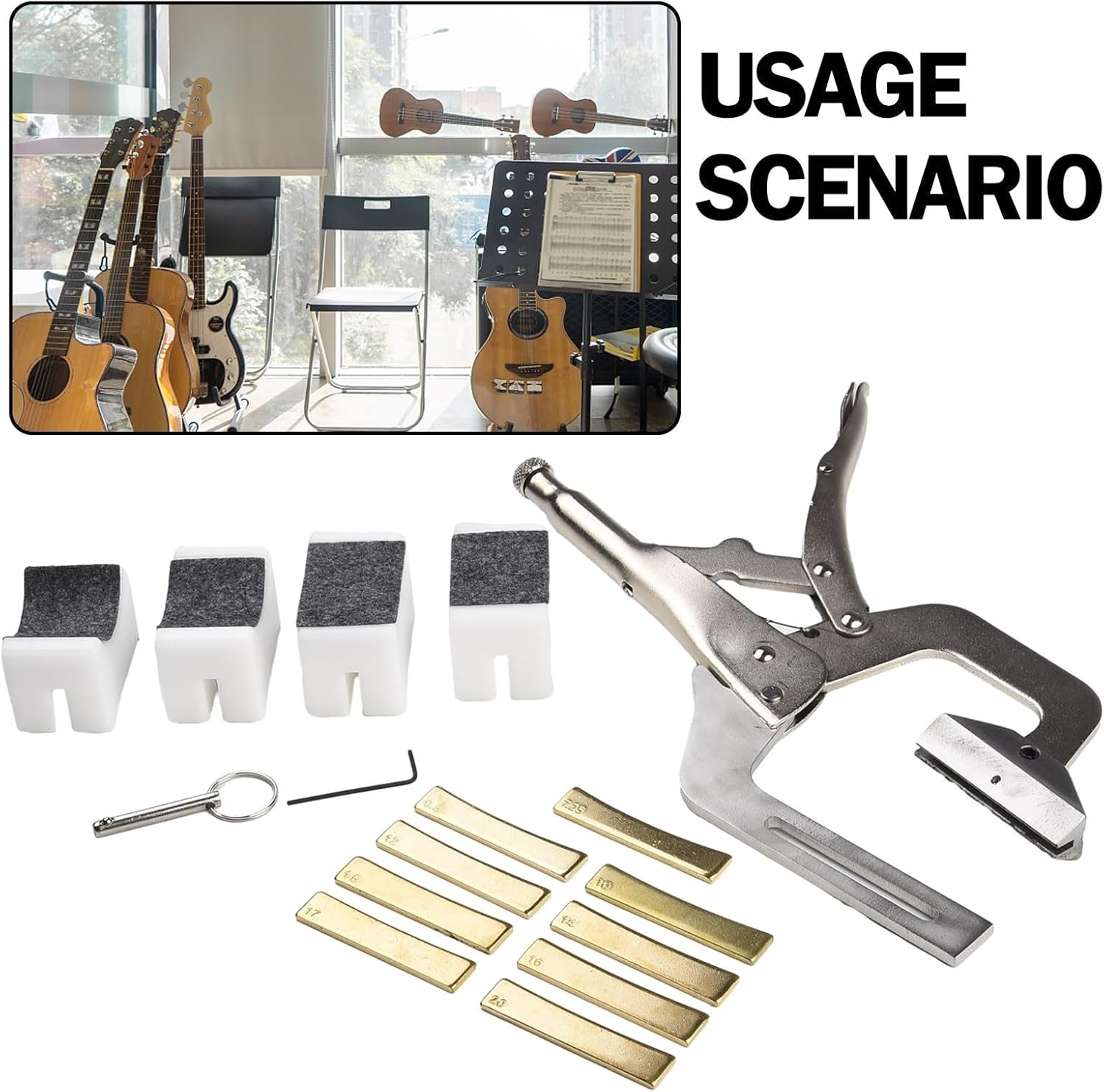 Guitar Luthier Handheld Fret Press Caul Tool with 9 Radius Brass Inserts and 4 Padded Neck Supports for Acoustic Electric Bass Ukulele Mandolin Banjo(Fret Press with 9 Radius Inserts)