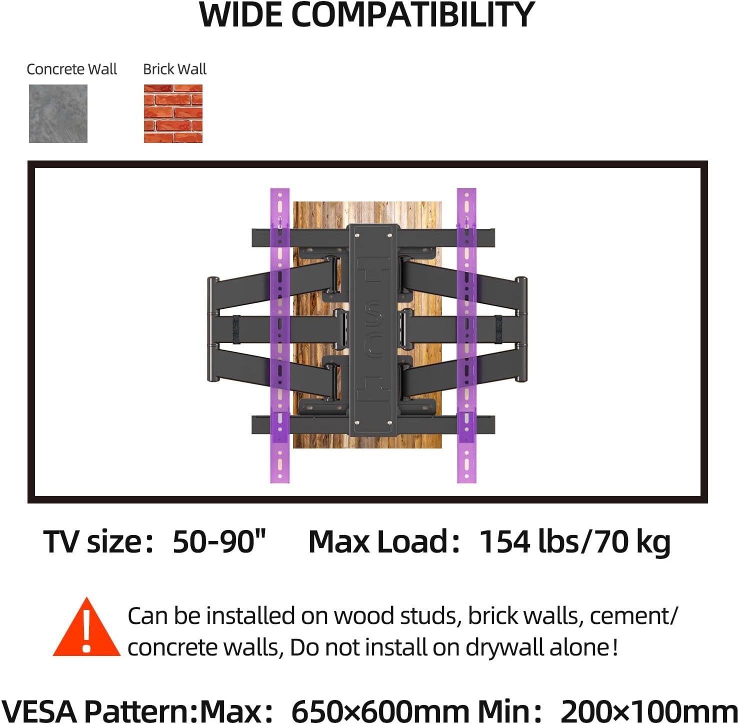 Corner TV Wall Mount for 65 75 77 85 86 inch TVs,Long Arm Full Motion TV Bracket for 50-90 inch， Extension Articulating Arm Swivel and Tilt, Avoid outlets Hold 154lbs，Max VESA 650x600.
