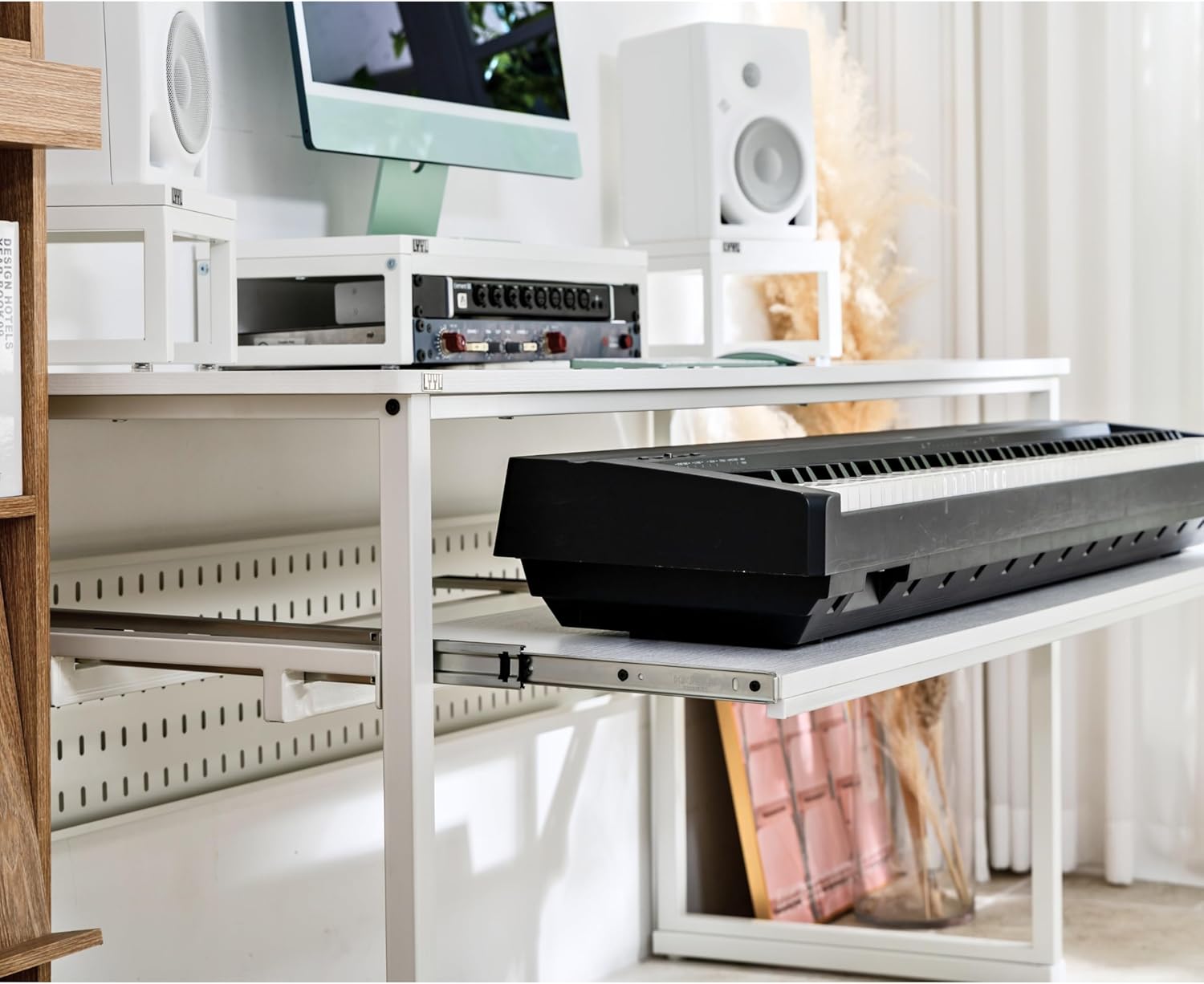 Music Studio Desk with Keyboard Tray and Height Adjustment Bracket, for Full 88 Keys (Music Producer Desk)(White, 88 Keys)