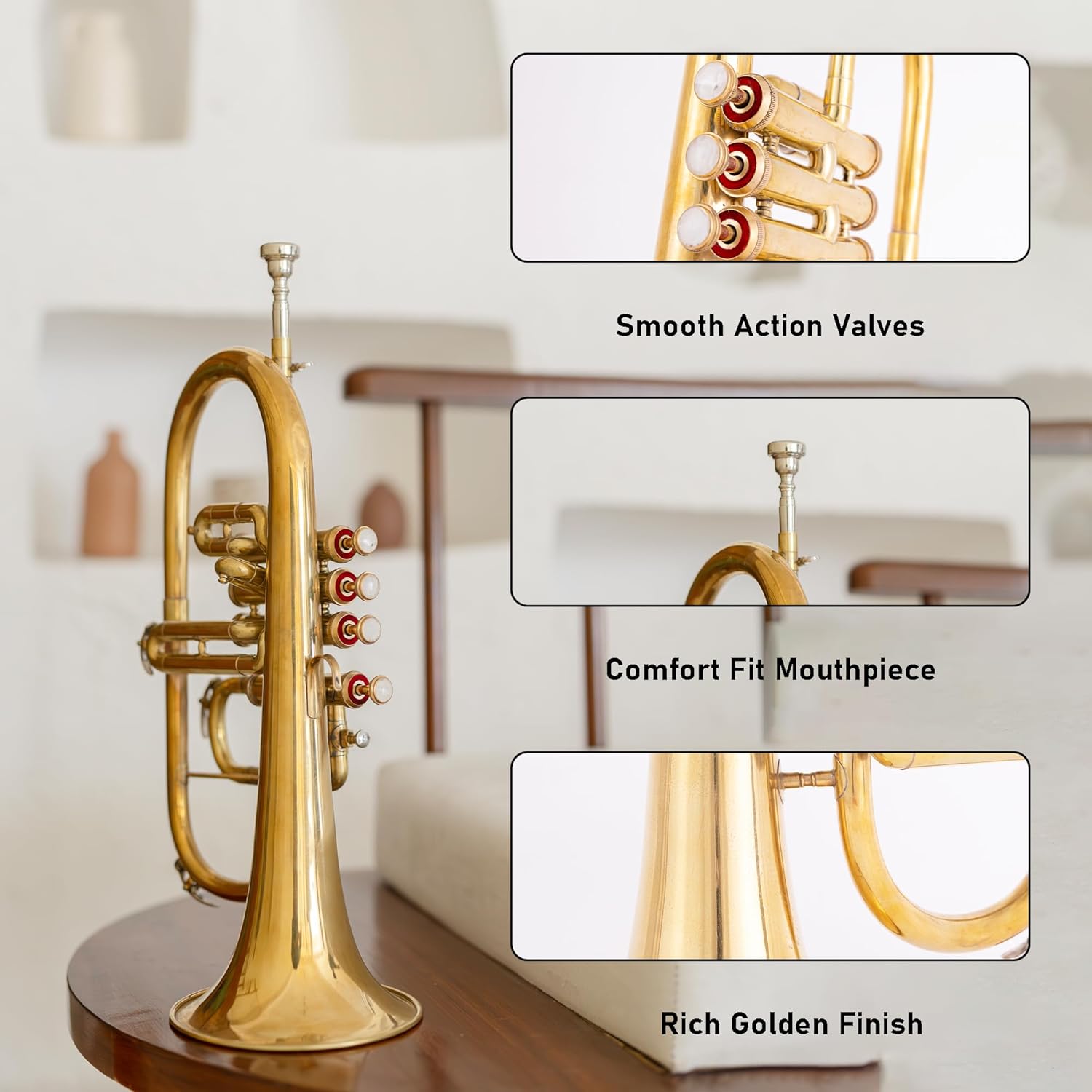 4-Valve Flugelhorn in Bb/F Pitch – Brass Flugel Horn with Mouthpiece & Case | Handcrafted for Jazz, Brass Bands & Orchestras, Gold