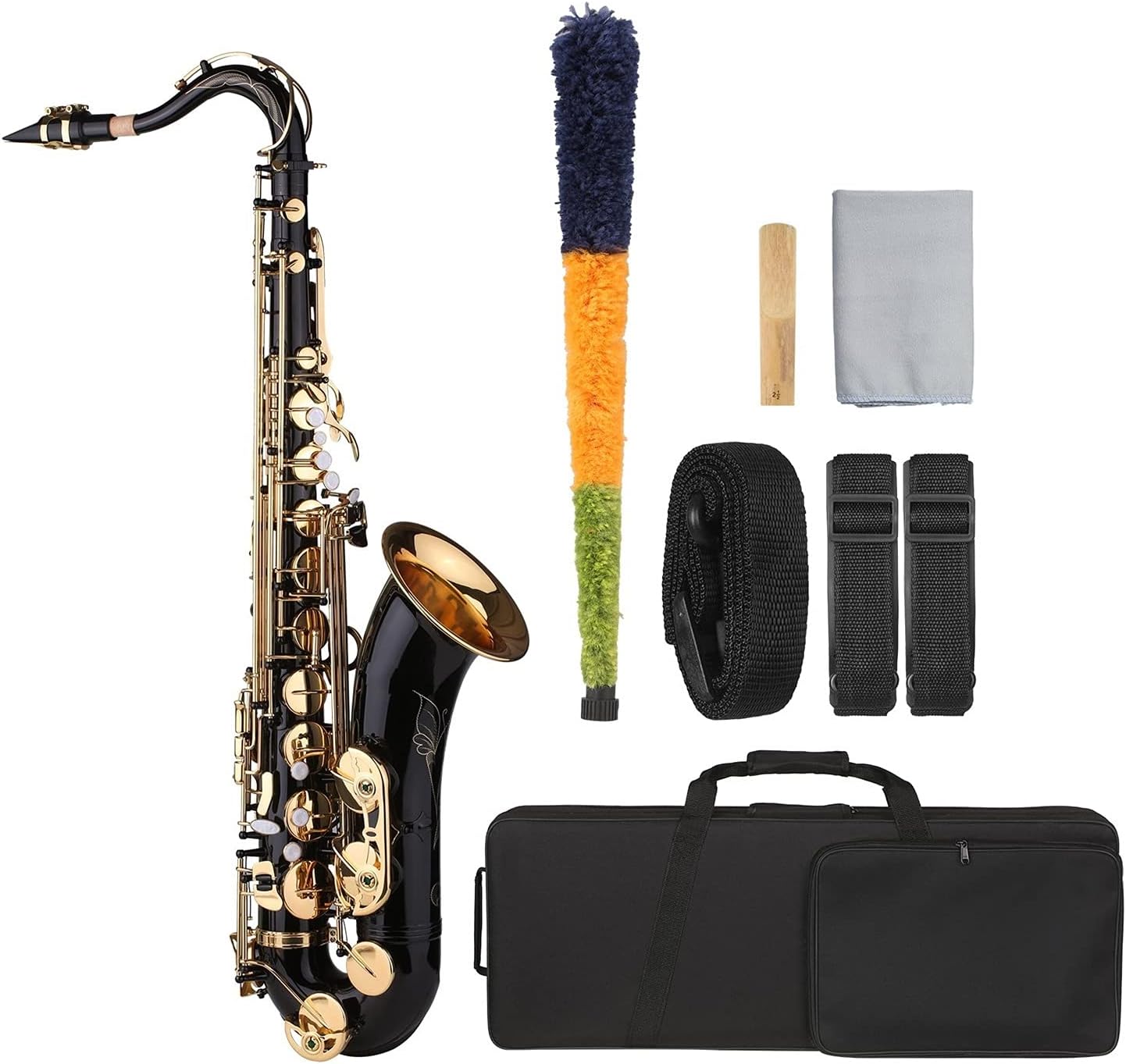 B-Flat Tenor Saxophone Bb Black Lacquer Sax with Instrument Case Mouthpiece Reed Neck Strap Cleaning Cloth Brush Beginner Student Saxophone