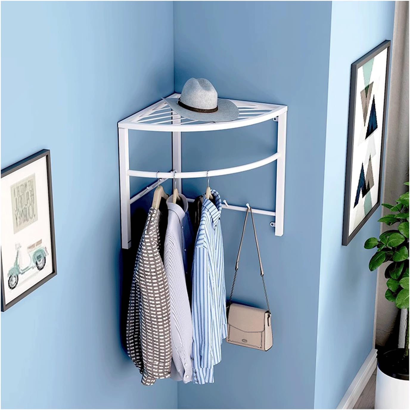 NOLLAM Coat Hooks Corner Coat Rack Wall Mount with Shelf Entryway Floating Metal Shelf w/6 Hooks Modern Wall Shelf Coat Hanger for Kitchen Bathroom Mudroom, White