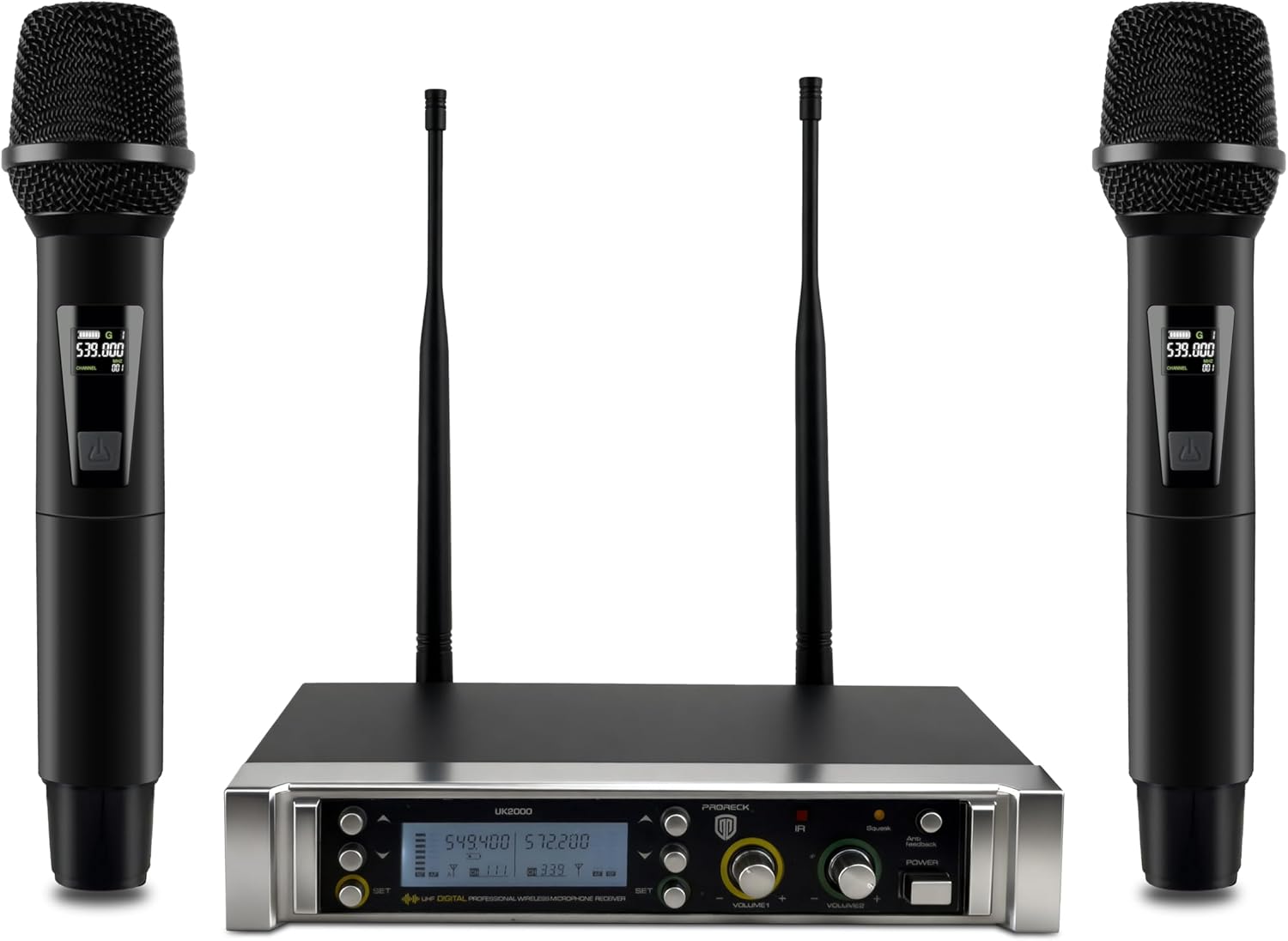 PRORECK UK-2000 UHF 2 Channel Wireless Microphone System with Two Handheld Microphone, Perfect for Party/Wedding/Church/Conference/Speech (UK-2000)
