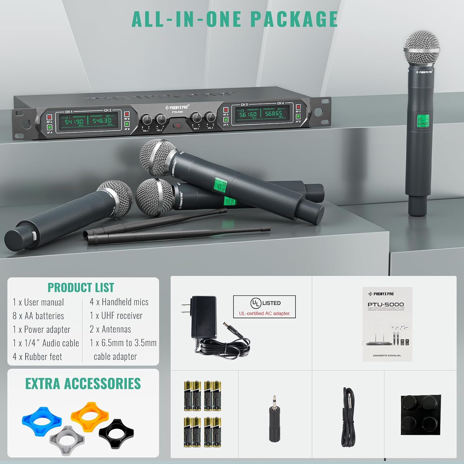 Phenyx Pro Wireless Microphone System, 4-Channel UHF Wireless Mic (PTU-5000-4H) Bundle with 3Ft XLR Snake Cable