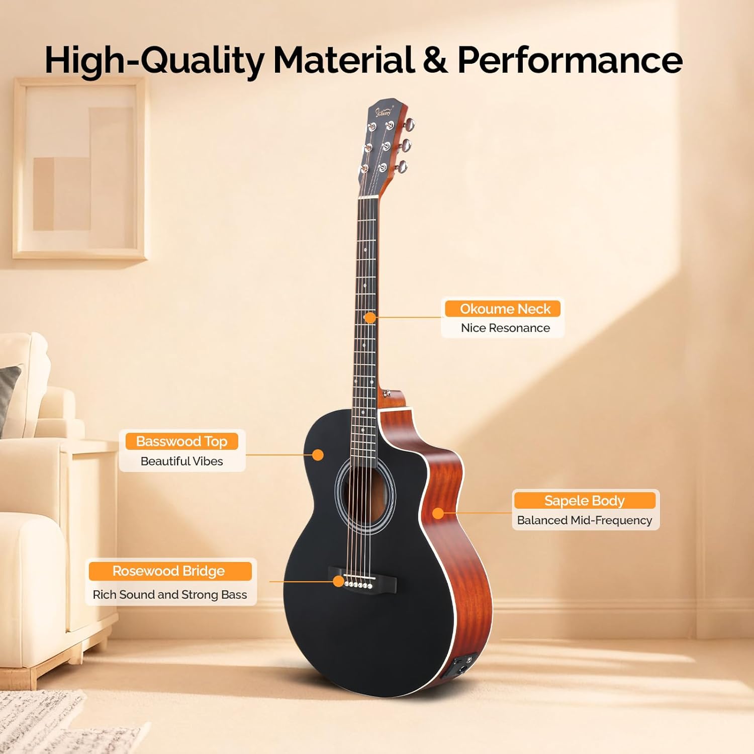 GLARRY 41in Full Size Acoustic Electric Guitar Beginner Kit with 15W Amp, 5-band EQ Cutway Design 6 Strings Electric Acoustic Guitar with Bag, Strap, Picks, Strings, Wrench (Black)